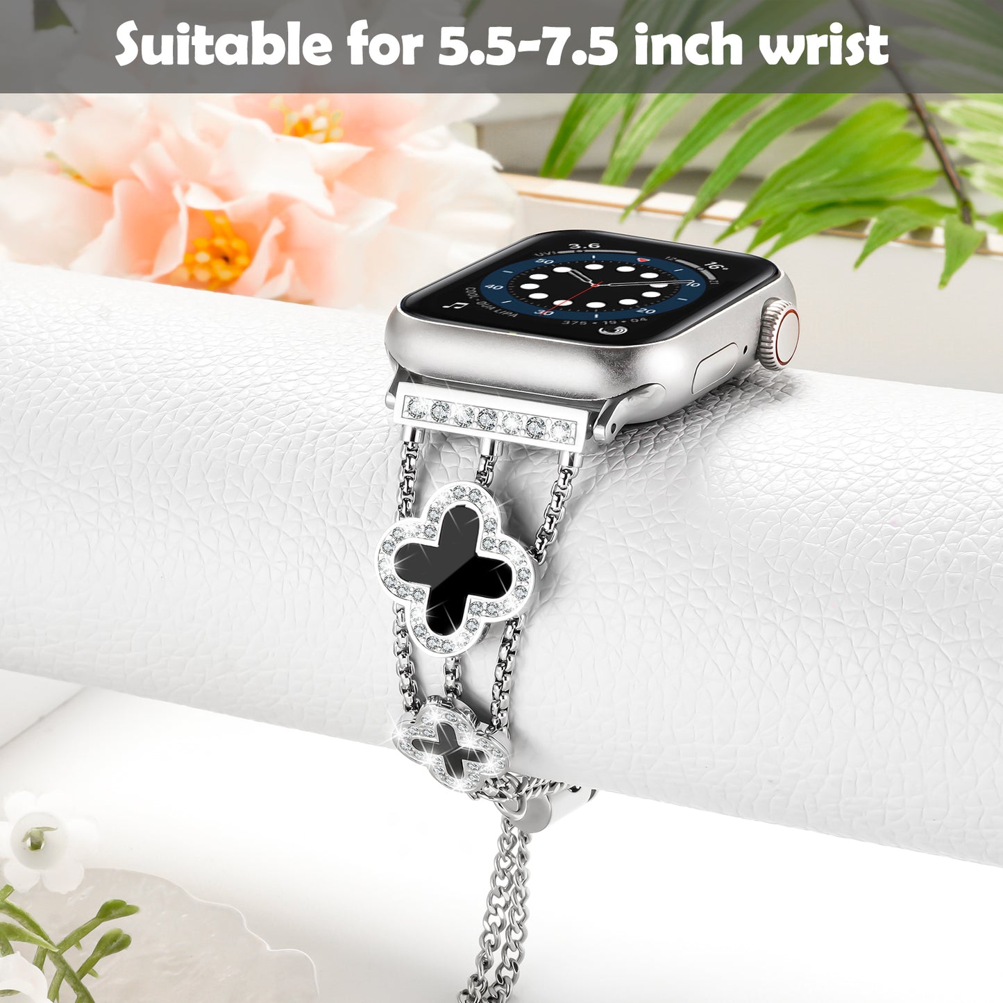Flower Stainless Steel Watch Band Compatible for Apple Watch Band 38mm/40mm/41mm/42mm Series 10 9 8 7 SE 6/5/4 Women Stainless Steel IWatch Band for iWatch Bands Series 3/2/1