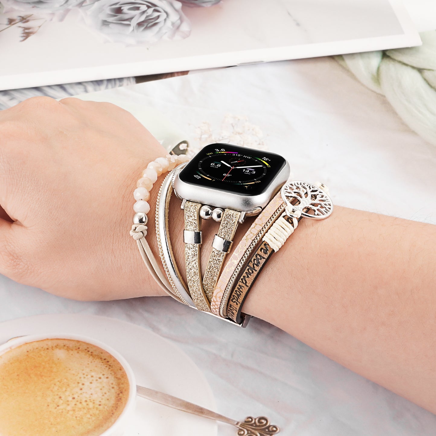 SKIMEMRY Boho Watch Band for Apple Watch Compatible with Apple Watch 38mm 40mm 41mm 42mm 44mm 45mm 46mm, Multilayer Wrap Strap Bracelet for iWatch Series 10 9 8 7 6 5 4 3 2 1 SE