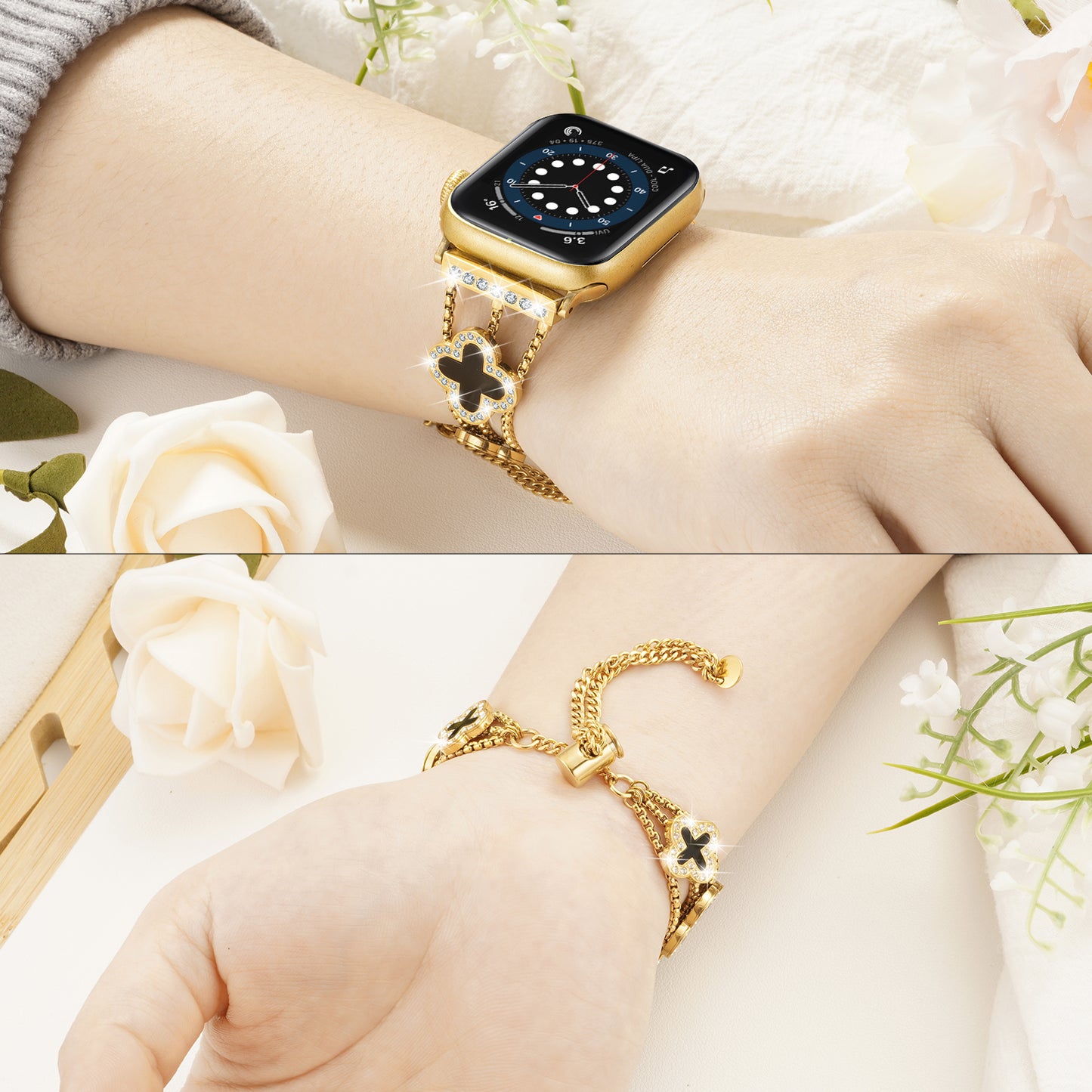 Flower Stainless Steel Watch Band Compatible for Apple Watch Band 38mm/40mm/41mm/42mm Series 10 9 8 7 SE 6/5/4 Women Stainless Steel IWatch Band for iWatch Bands Series 3/2/1