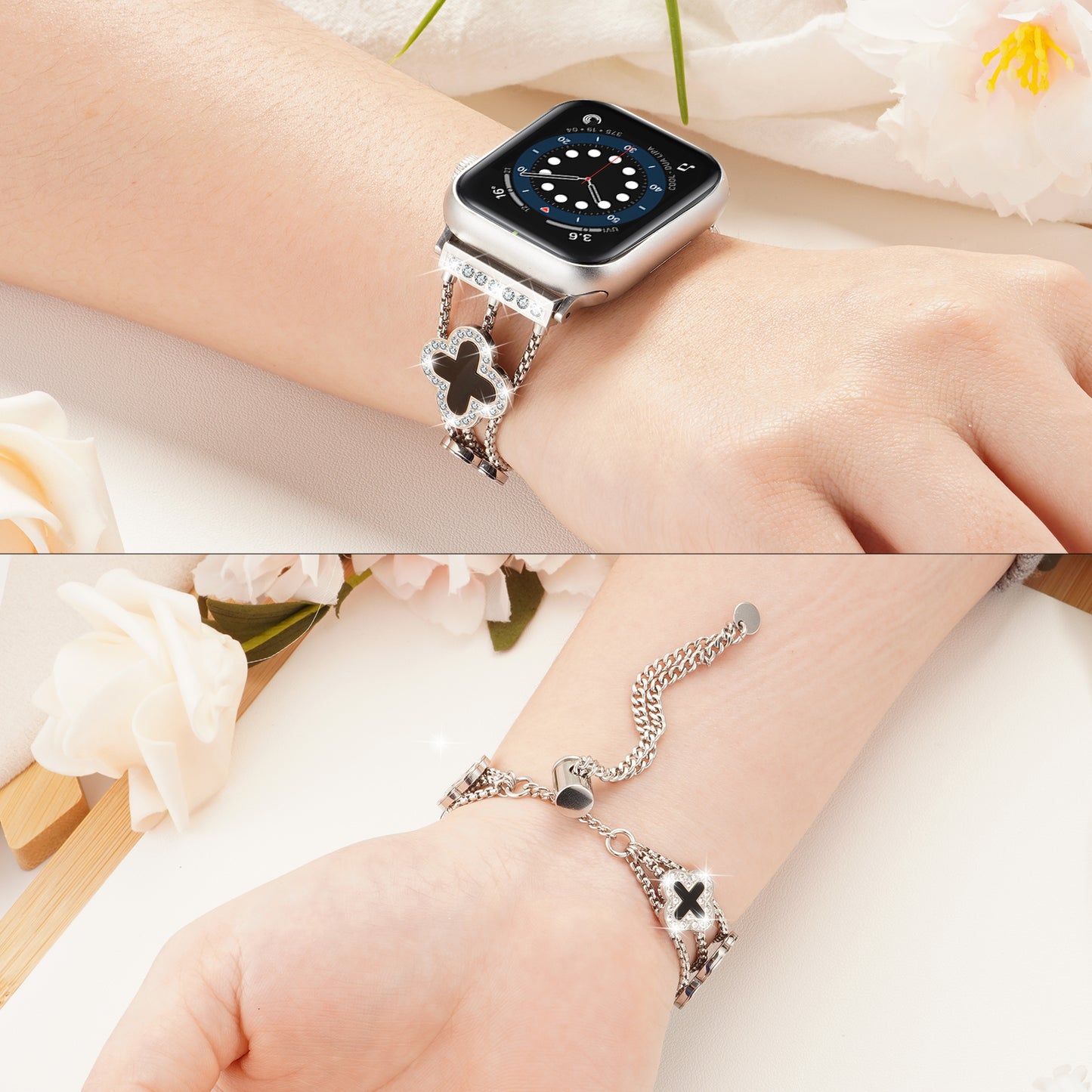 Flower Stainless Steel Watch Band Compatible for Apple Watch Band 38mm/40mm/41mm/42mm Series 10 9 8 7 SE 6/5/4 Women Stainless Steel IWatch Band for iWatch Bands Series 3/2/1