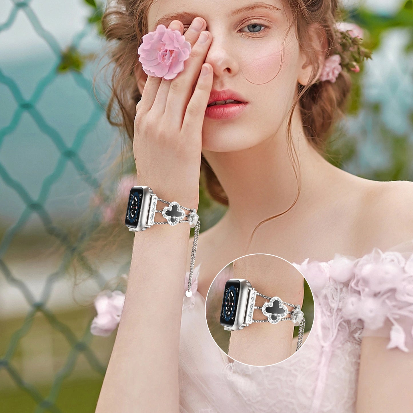 Flower Stainless Steel Watch Band Compatible for Apple Watch Band 38mm/40mm/41mm/42mm Series 10 9 8 7 SE 6/5/4 Women Stainless Steel IWatch Band for iWatch Bands Series 3/2/1