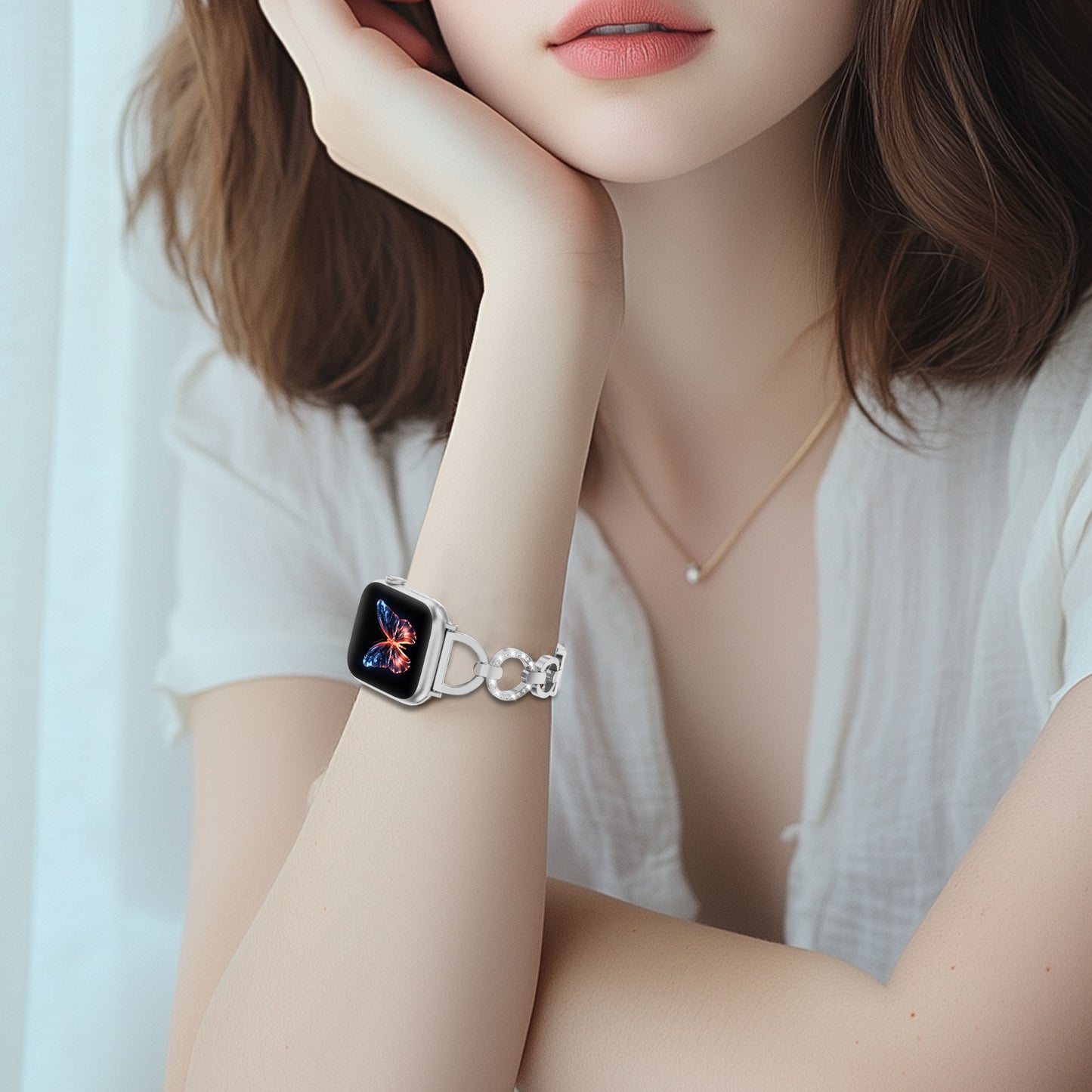 Skimemry D-Shape Gold Watch Bands Compatible with Apple Watch 41mm 38mm 40mm 42mm 44mm 45mm 46mm, Stainless Steel Watch Band Bracelet for Iwatch Band for Series 10 9 8 7 6 5 4 3 2 1