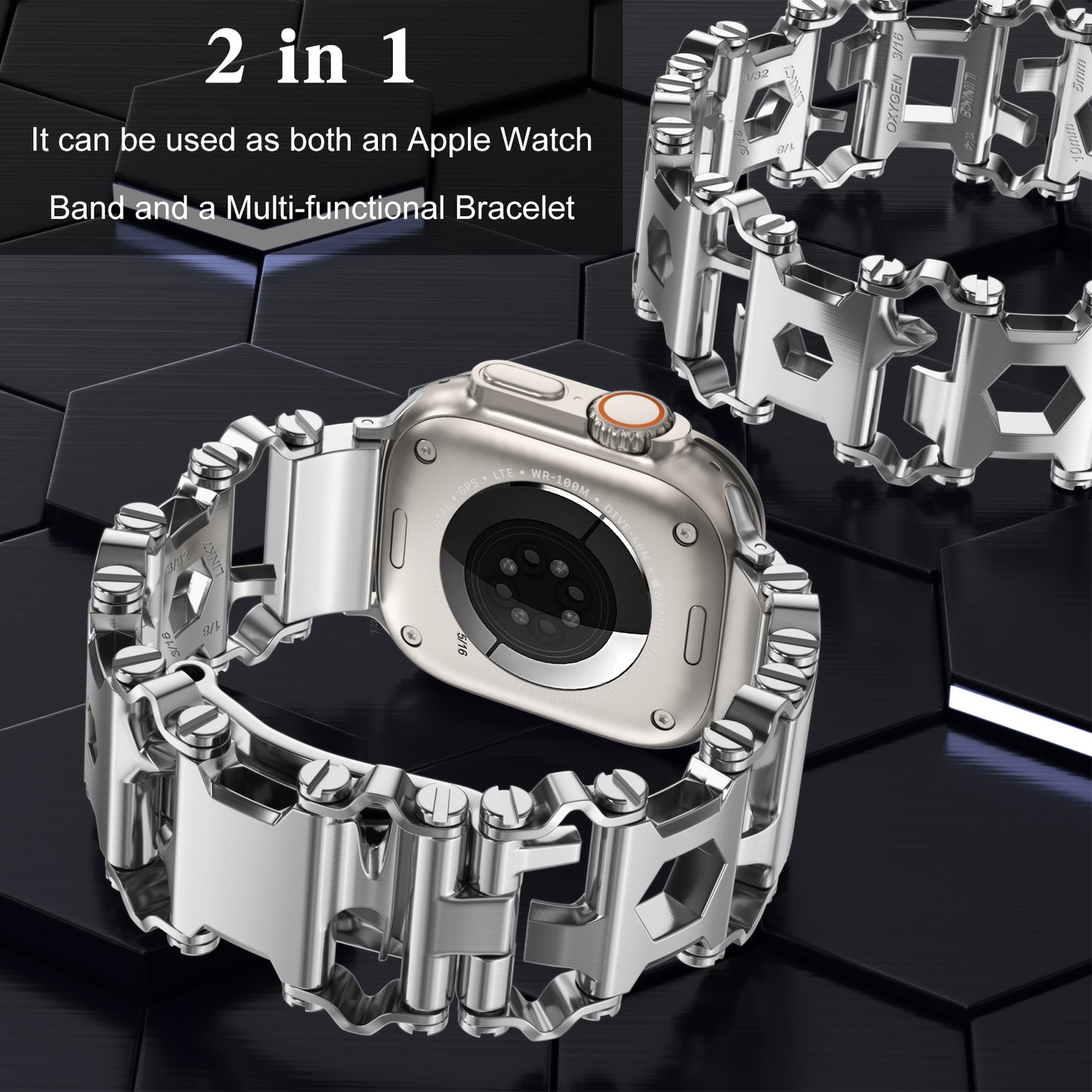 29 in 1 Multitools Stainless Steel Apple Watch Bands - Men’s Rugged Survival Camping Hiking Strap for iWatch Series Ultra/Ultra 2(49mm)