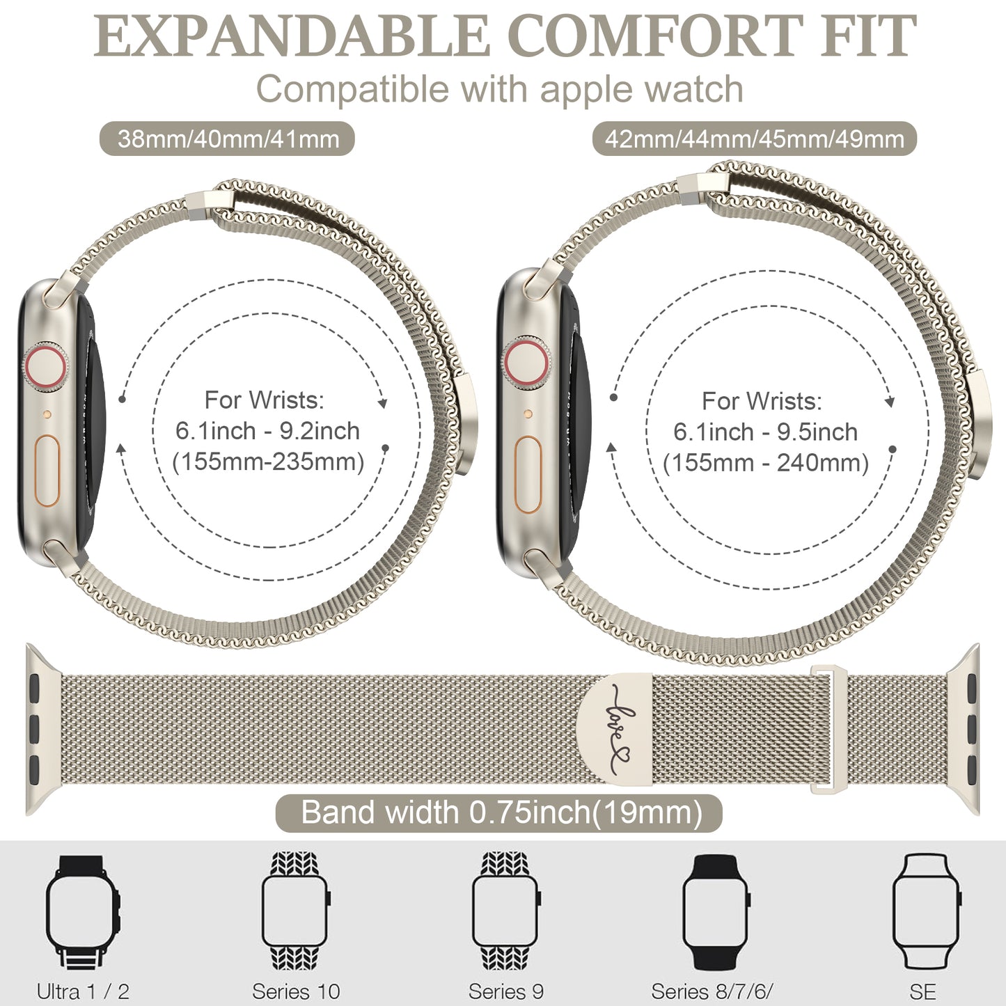 Milanese Stainless Steel Band Compatible with Apple Watch Band 38mm 40mm 41mm 42mm 44mm 45mm 49mm Magnetic Loved Mark Clasp Mesh Cute Watch Band for iWatch Ultra 2 Ultra Series 10 9 8 7 6 5 4 3 2 1 SE
