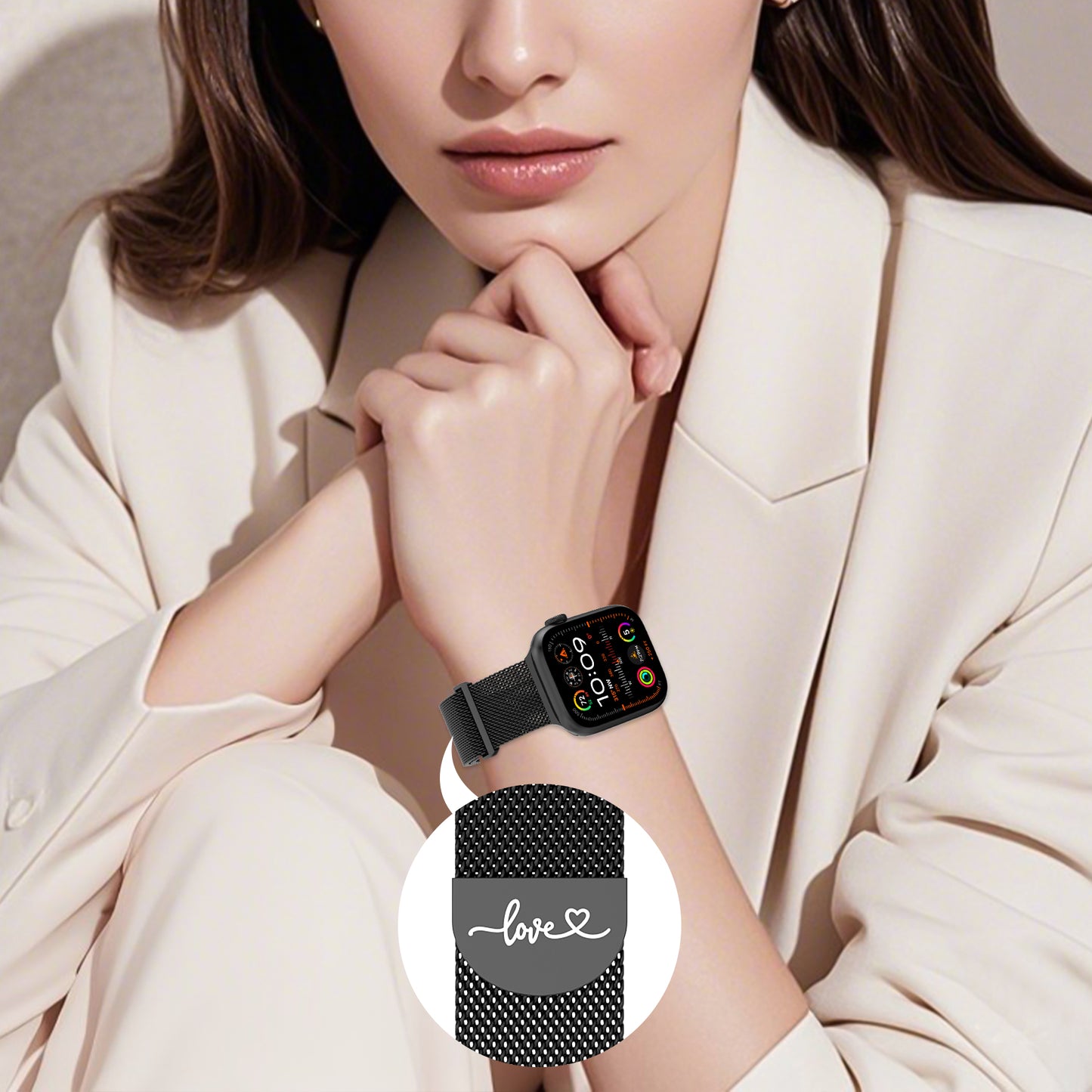 Milanese Stainless Steel Band Compatible with Apple Watch Band 38mm 40mm 41mm 42mm 44mm 45mm 49mm Magnetic Loved Mark Clasp Mesh Cute Watch Band for iWatch Ultra 2 Ultra Series 10 9 8 7 6 5 4 3 2 1 SE