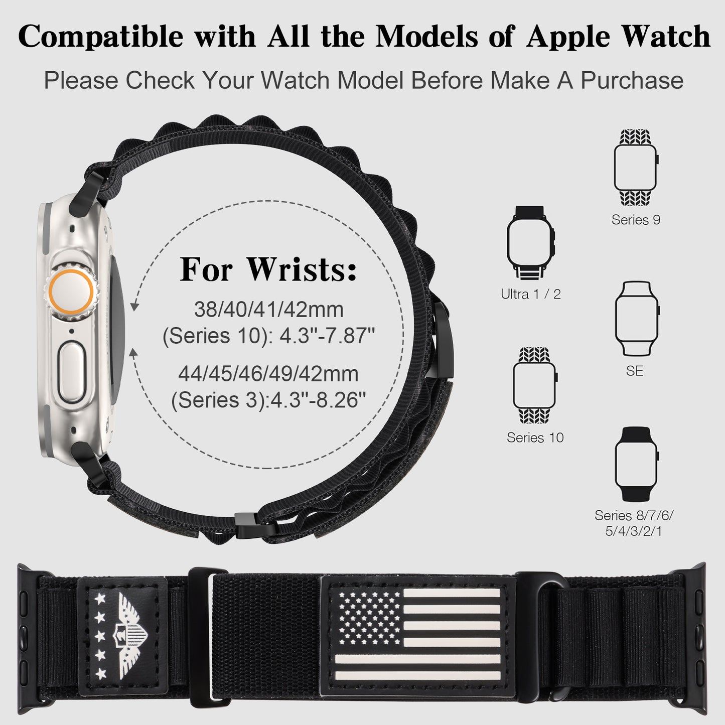 Flag Alpine Loop Nylon Watch Band Compatible with Apple Watch Ultra/Ultra 2 Series 10/9/8/7/6/5/4/3/2/1 SE Breathable Sport Flag iWatch Wristband for Apple Watch 49/46/45/44/42/41/40/38mm