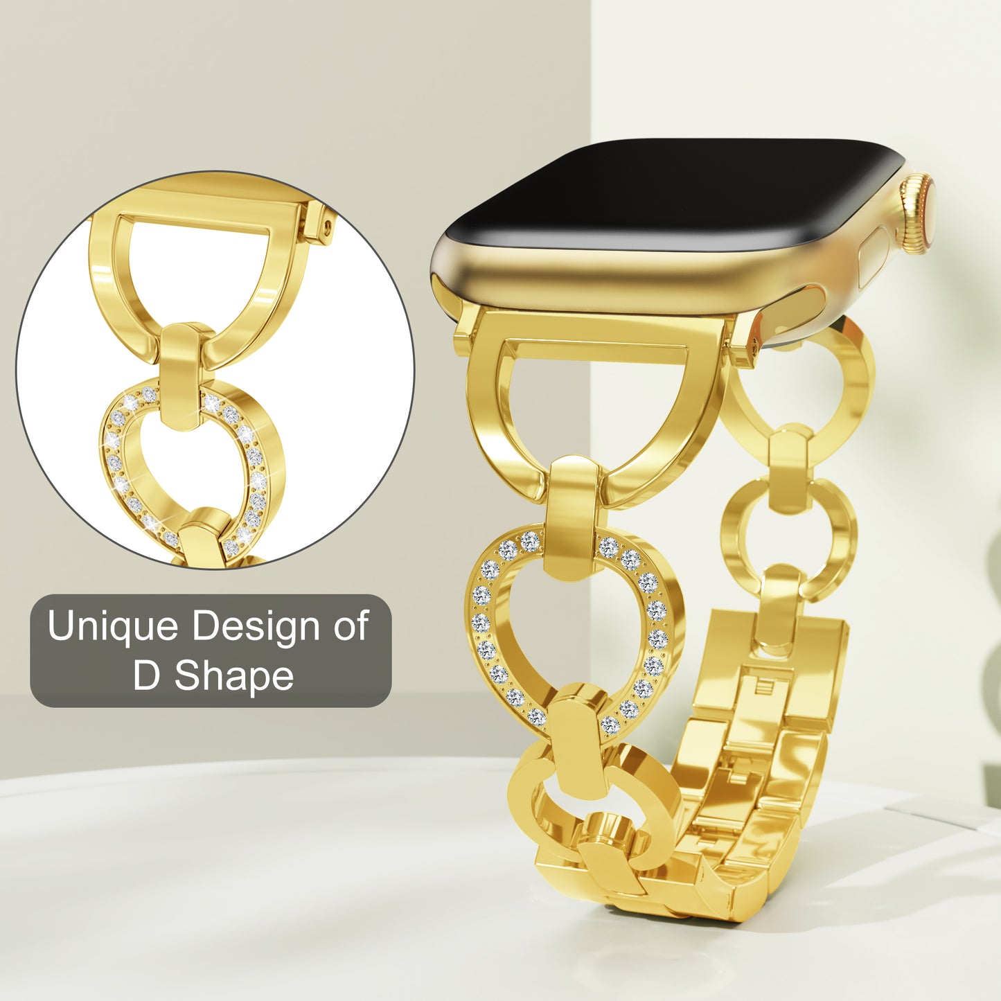 Skimemry D-Shape Gold Watch Bands Compatible with Apple Watch 41mm 38mm 40mm 42mm 44mm 45mm 46mm, Stainless Steel Watch Band Bracelet for Iwatch Band for Series 10 9 8 7 6 5 4 3 2 1