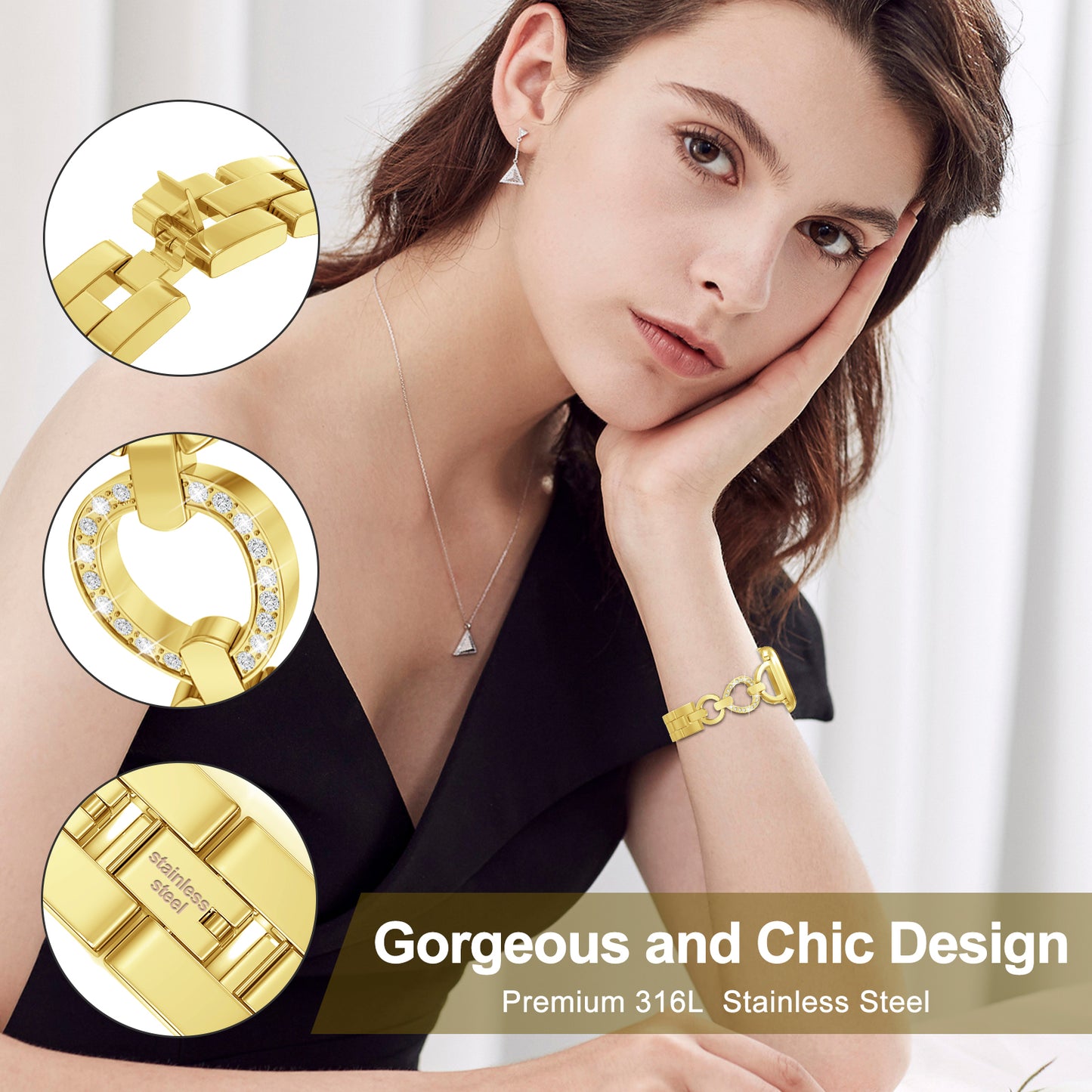 Skimemry D-Shape Gold Watch Bands Compatible with Apple Watch 41mm 38mm 40mm 42mm 44mm 45mm 46mm, Stainless Steel Watch Band Bracelet for Iwatch Band for Series 10 9 8 7 6 5 4 3 2 1