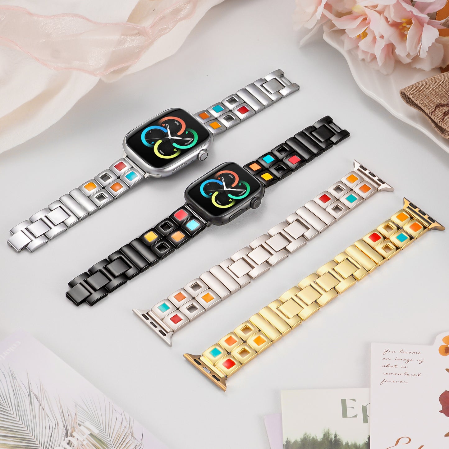 Skimemry Color Stone Watch Bands Compatible with Apple Watch 41mm 38mm 40mm 42mm 44mm 45mm 46mm, Stainless Steel Watch Band Bracelet for Iwatch Band for Series 10 9 8 7 6 5 4 3 2 1