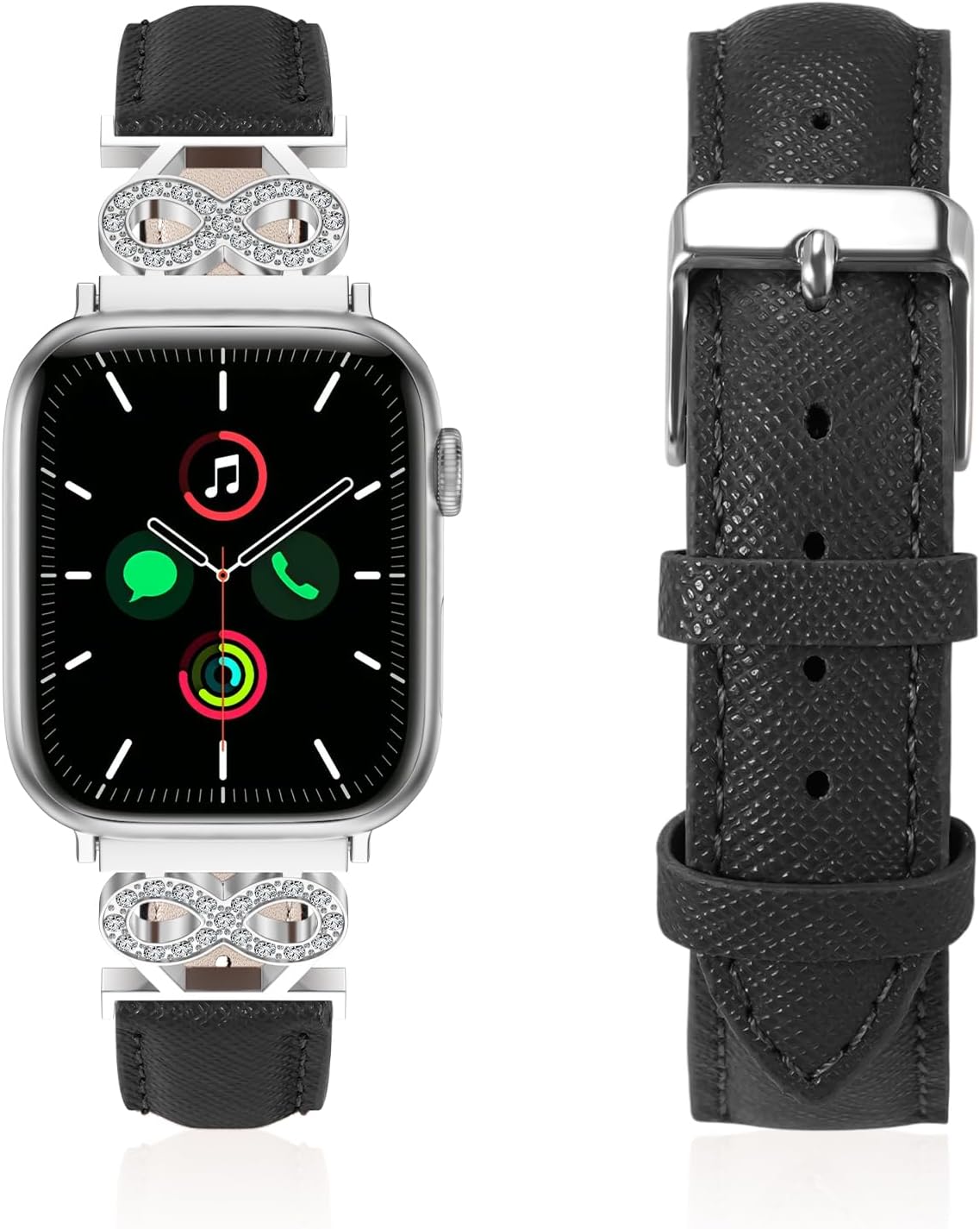 Genuine Leather Band Compatible with Apple Watch Women 38mm/40mm/41mm/42mm/44mm/45mm/46mm, Leather Apple Watch Band Women 8-Shaped Metal Crown for iWatch Series 10 9 8 SE 7 6 5 4 3 2 1 Se/Se 2