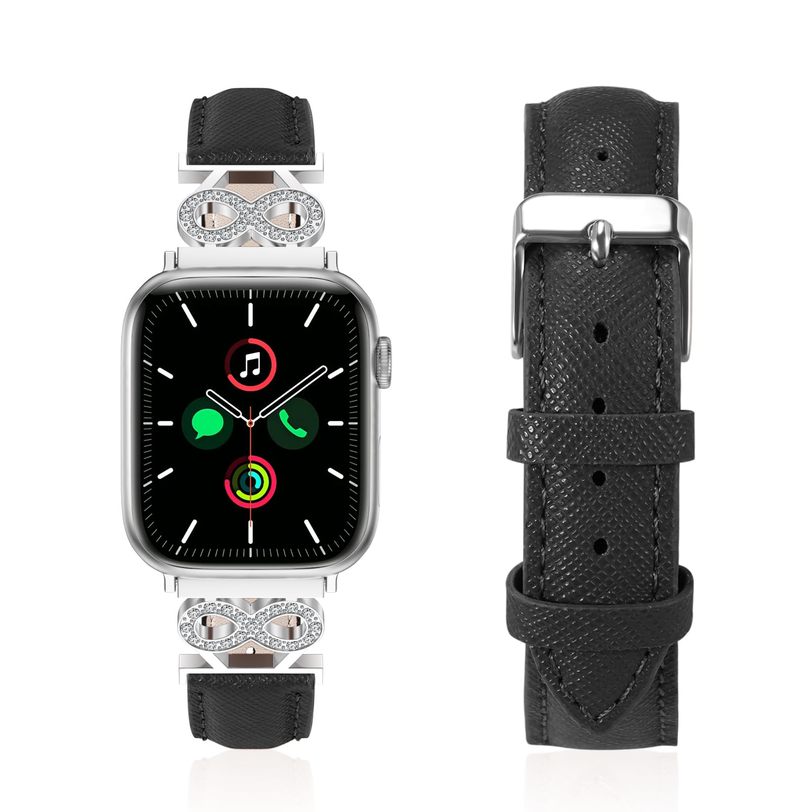 Genuine Leather Band Compatible with Apple Watch Women 38mm/40mm/41mm/42mm/44mm/45mm/46mm, Leather Apple Watch Band Women 8-Shaped Metal Crown for iWatch Series 10 9 8 SE 7 6 5 4 3 2 1 Se/Se 2