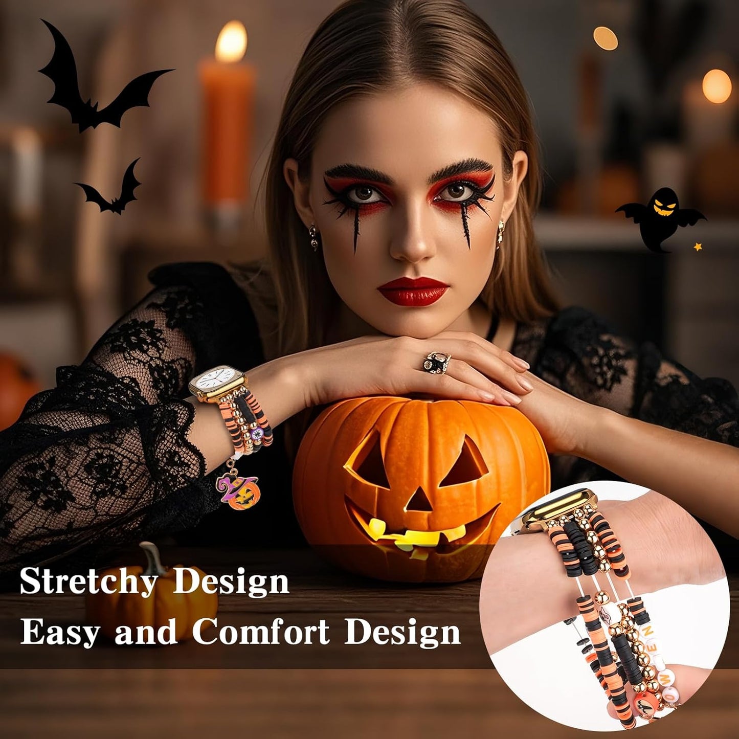Halloween Beaded Bracelet Band Compatible with Apple Watch Band 49mm 46mm 45mm 44mm 42mm 41mm 40mm 38mm Handmade Beaded Charm iWatch Band for Apple Watch Ultra2/Ultra Series 10/9/8/7/6/5/4/3/2/1 SE