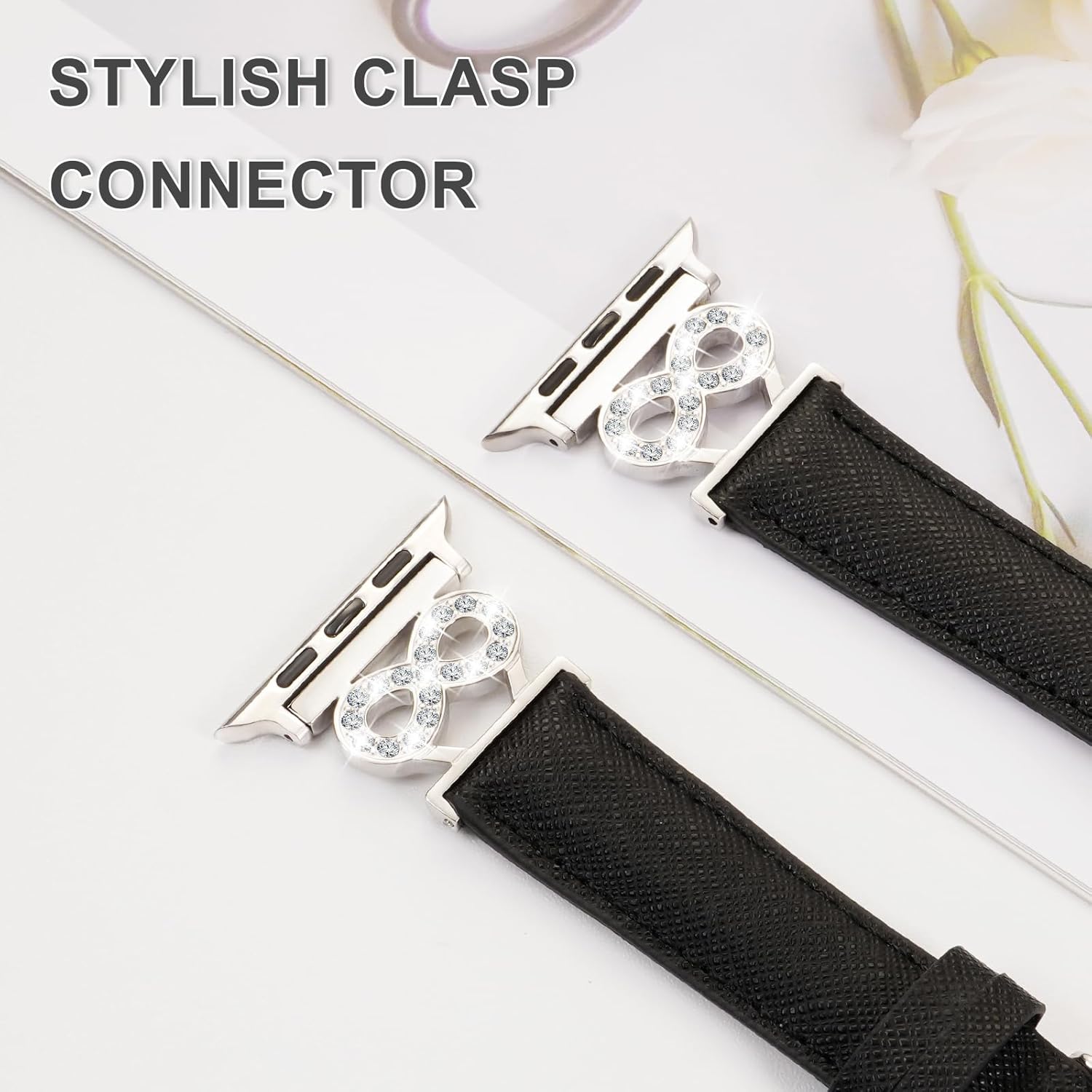 Genuine Leather Band Compatible with Apple Watch Women 38mm/40mm/41mm/42mm/44mm/45mm/46mm, Leather Apple Watch Band Women 8-Shaped Metal Crown for iWatch Series 10 9 8 SE 7 6 5 4 3 2 1 Se/Se 2