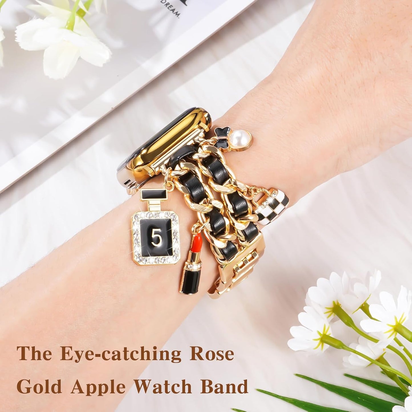 Gold Dressy Metal Charm Watch Band Compatible with Apple Watch Band 49mm 46mm 45mm 44mm 42mm 41mm 40mm 38mm Pendant Chain Bracelet Band for iWatch Band Ultra 2/Ultra Series 10 9 8 7 6 5 4 3 2 1 SE