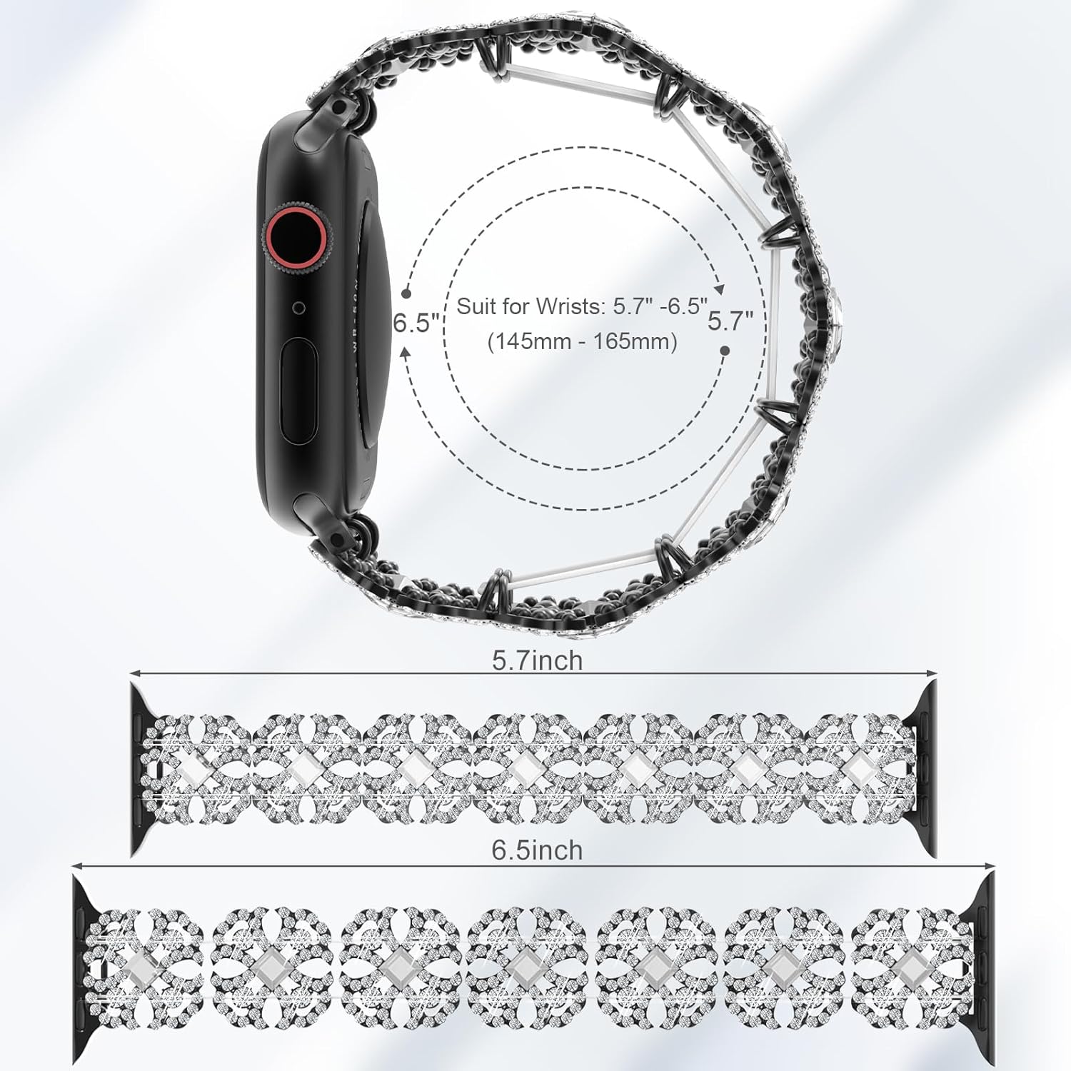 Bling Watch Band Compatible with Apple Watch 38mm 40mm 41mm 42mm 44mm 45mm 46mm for iWatch SE Series 10 9 8 7 6 5 4 3 2 1 Ultra, Rhinestone Apple Watch Band Diamond Dressy Bracelet Women