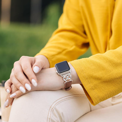 Genuine Leather Band Compatible with Apple Watch Women 38mm/40mm/41mm/42mm/44mm/45mm/46mm, Leather Apple Watch Band Women 8-Shaped Metal Crown for iWatch Series 10 9 8 SE 7 6 5 4 3 2 1 Se/Se 2