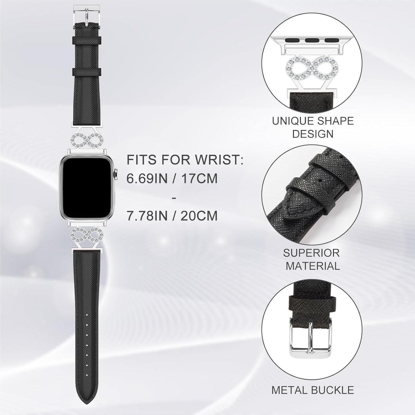 Genuine Leather Band Compatible with Apple Watch Women 38mm/40mm/41mm/42mm/44mm/45mm/46mm, Leather Apple Watch Band Women 8-Shaped Metal Crown for iWatch Series 10 9 8 SE 7 6 5 4 3 2 1 Se/Se 2