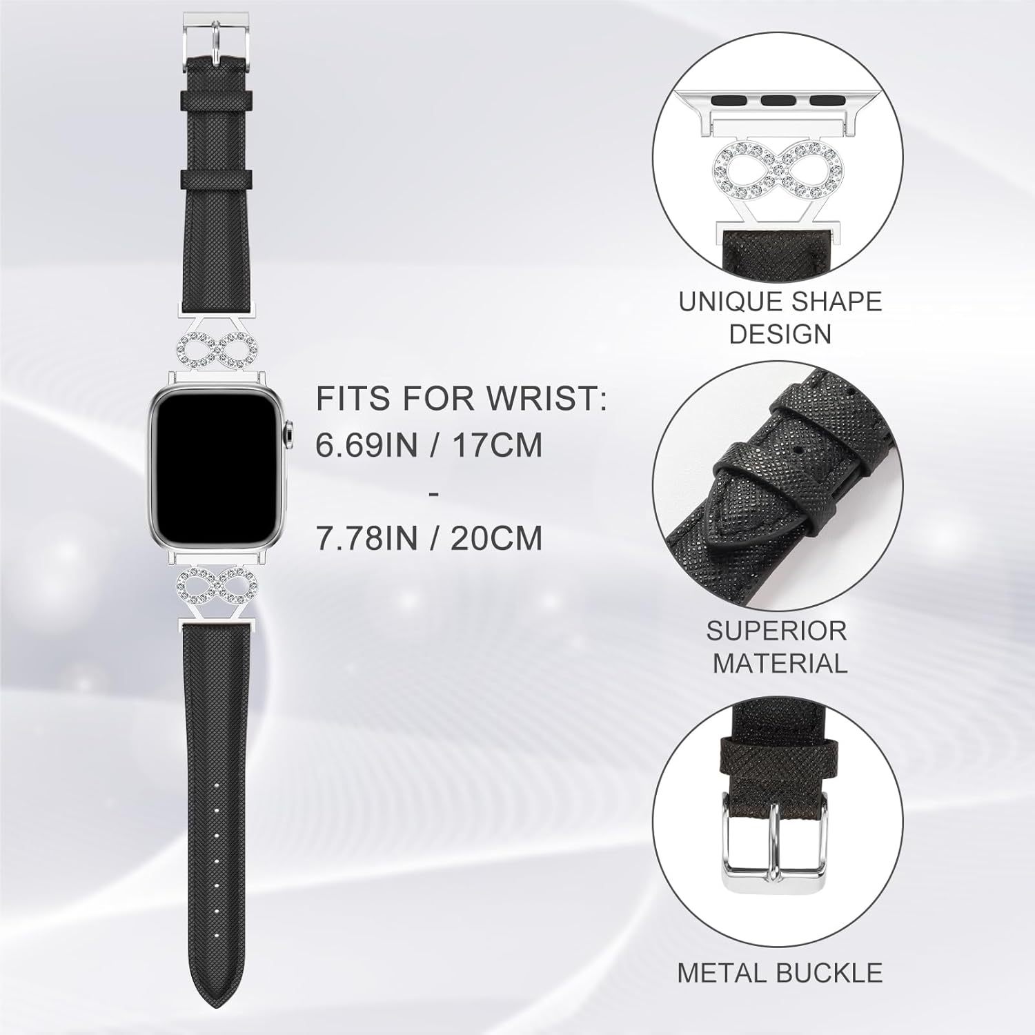 Genuine Leather Band Compatible with Apple Watch Women 38mm/40mm/41mm/42mm/44mm/45mm/46mm, Leather Apple Watch Band Women 8-Shaped Metal Crown for iWatch Series 10 9 8 SE 7 6 5 4 3 2 1 Se/Se 2