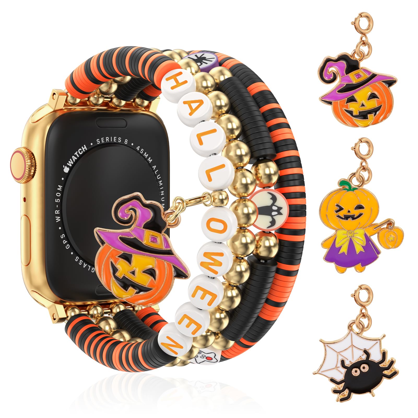 Halloween Beaded Bracelet Band Compatible with Apple Watch Band 49mm 46mm 45mm 44mm 42mm 41mm 40mm 38mm Handmade Beaded Charm iWatch Band for Apple Watch Ultra2/Ultra Series 10/9/8/7/6/5/4/3/2/1 SE