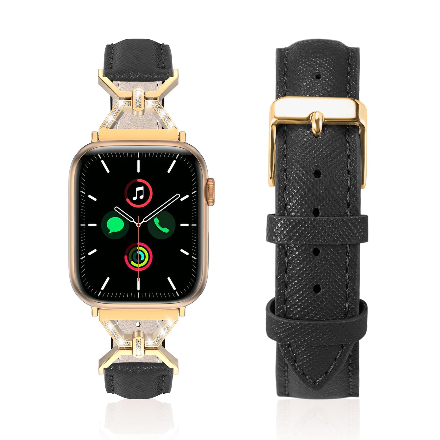 Genuine Leather Band Compatible with Apple Watch Women 38mm/40mm/41mm/42mm/44mm/45mm/46mm, Leather Apple Watch Band Women 8-Shaped Metal Crown for iWatch Series 10 9 8 SE 7 6 5 4 3 2 1 Se/Se 2
