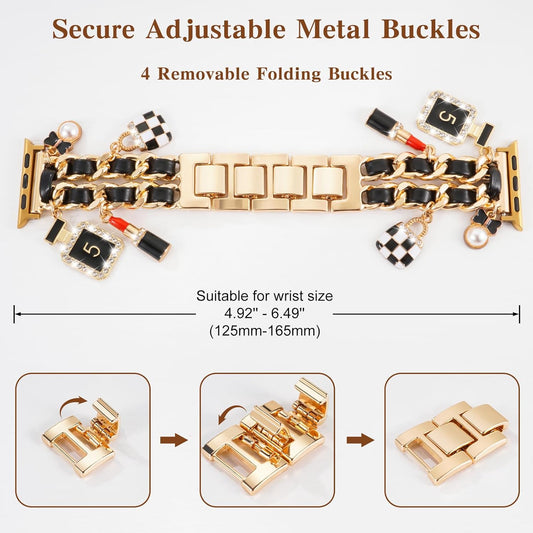 Gold Dressy Metal Charm Watch Band Compatible with Apple Watch Band 49mm 46mm 45mm 44mm 42mm 41mm 40mm 38mm Pendant Chain Bracelet Band for iWatch Band Ultra 2/Ultra Series 10 9 8 7 6 5 4 3 2 1 SE