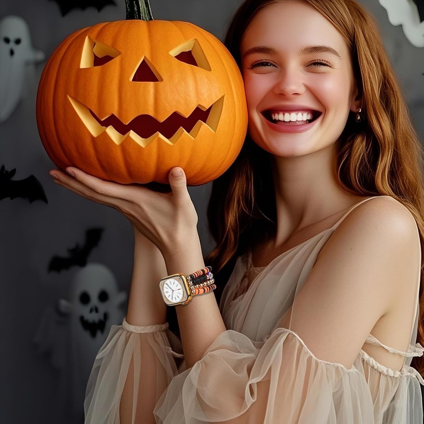 Halloween Beaded Bracelet Band Compatible with Apple Watch Band 49mm 46mm 45mm 44mm 42mm 41mm 40mm 38mm Handmade Beaded Charm iWatch Band for Apple Watch Ultra2/Ultra Series 10/9/8/7/6/5/4/3/2/1 SE