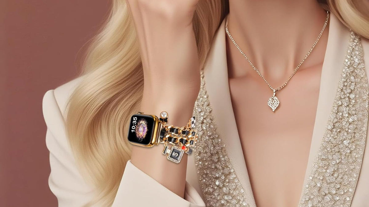 Gold Dressy Metal Charm Watch Band Compatible with Apple Watch Band 49mm 46mm 45mm 44mm 42mm 41mm 40mm 38mm Pendant Chain Bracelet Band for iWatch Band Ultra 2/Ultra Series 10 9 8 7 6 5 4 3 2 1 SE