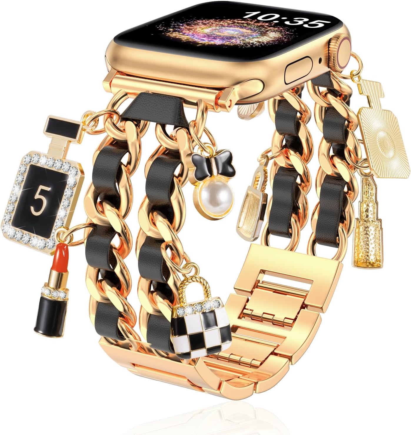 Gold Dressy Metal Charm Watch Band Compatible with Apple Watch Band 49mm 46mm 45mm 44mm 42mm 41mm 40mm 38mm Pendant Chain Bracelet Band for iWatch Band Ultra 2/Ultra Series 10 9 8 7 6 5 4 3 2 1 SE
