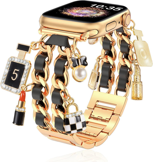 Gold Dressy Metal Charm Watch Band Compatible with Apple Watch Band 49mm 46mm 45mm 44mm 42mm 41mm 40mm 38mm Pendant Chain Bracelet Band for iWatch Band Ultra 2/Ultra Series 10 9 8 7 6 5 4 3 2 1 SE