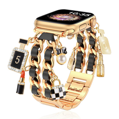 Gold Dressy Metal Charm Watch Band Compatible with Apple Watch Band 49mm 46mm 45mm 44mm 42mm 41mm 40mm 38mm Pendant Chain Bracelet Band for iWatch Band Ultra 2/Ultra Series 10 9 8 7 6 5 4 3 2 1 SE