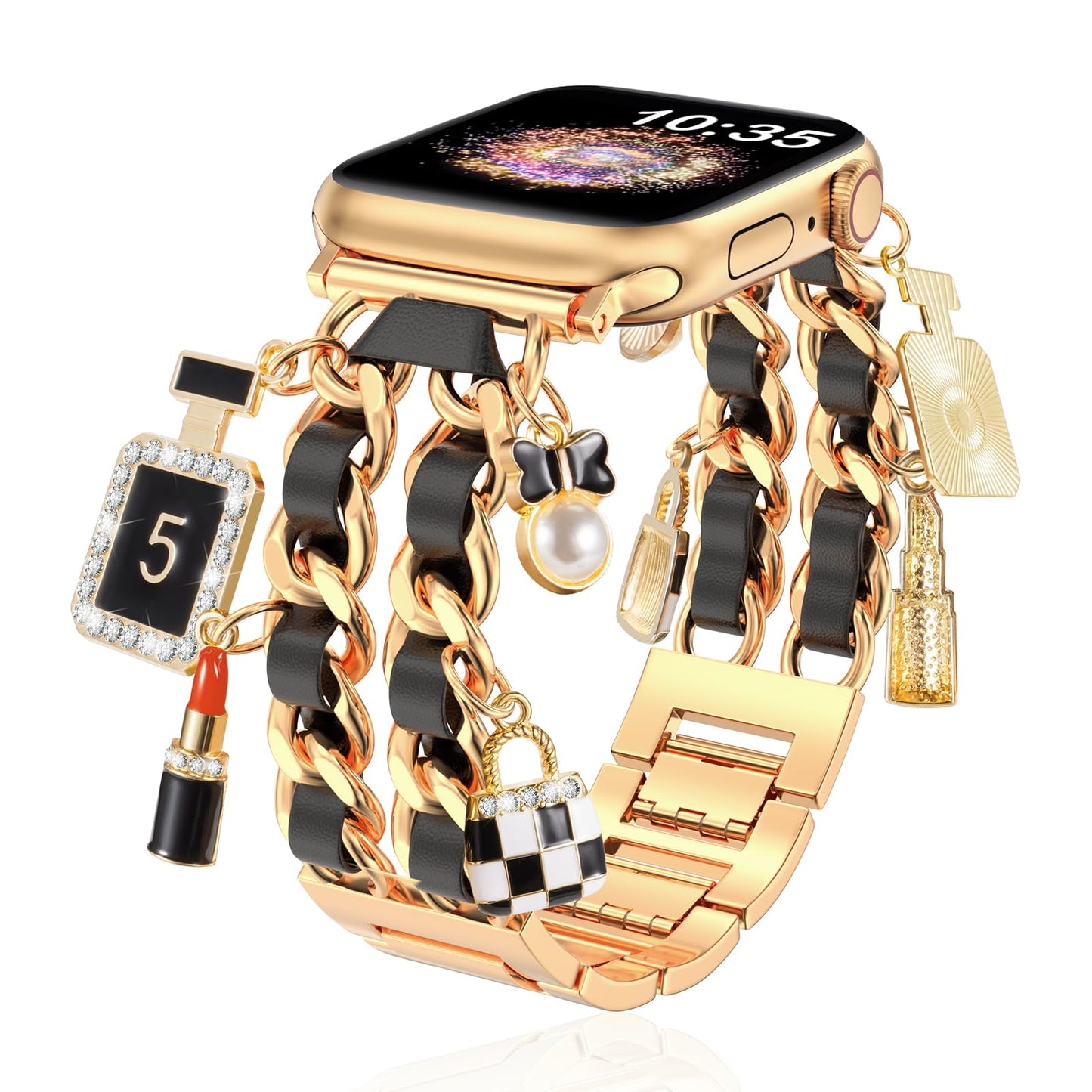 Gold Dressy Metal Charm Watch Band Compatible with Apple Watch Band 49mm 46mm 45mm 44mm 42mm 41mm 40mm 38mm Pendant Chain Bracelet Band for iWatch Band Ultra 2/Ultra Series 10 9 8 7 6 5 4 3 2 1 SE