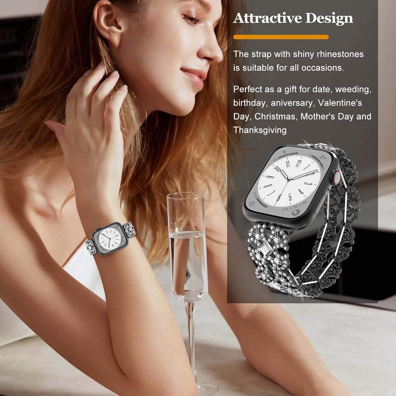 Bling Watch Band Compatible with Apple Watch 38mm 40mm 41mm 42mm 44mm 45mm 46mm for iWatch SE Series 10 9 8 7 6 5 4 3 2 1 Ultra, Rhinestone Apple Watch Band Diamond Dressy Bracelet Women