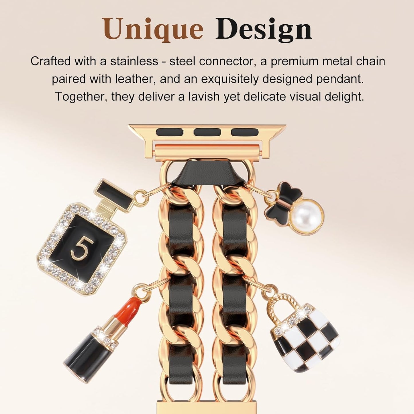 Gold Dressy Metal Charm Watch Band Compatible with Apple Watch Band 49mm 46mm 45mm 44mm 42mm 41mm 40mm 38mm Pendant Chain Bracelet Band for iWatch Band Ultra 2/Ultra Series 10 9 8 7 6 5 4 3 2 1 SE