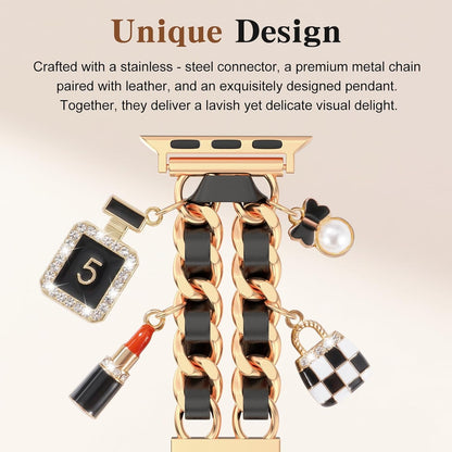 Gold Dressy Metal Charm Watch Band Compatible with Apple Watch Band 49mm 46mm 45mm 44mm 42mm 41mm 40mm 38mm Pendant Chain Bracelet Band for iWatch Band Ultra 2/Ultra Series 10 9 8 7 6 5 4 3 2 1 SE