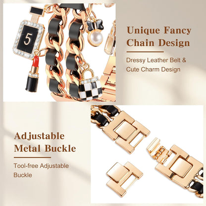 Gold Dressy Metal Charm Watch Band Compatible with Apple Watch Band 49mm 46mm 45mm 44mm 42mm 41mm 40mm 38mm Pendant Chain Bracelet Band for iWatch Band Ultra 2/Ultra Series 10 9 8 7 6 5 4 3 2 1 SE