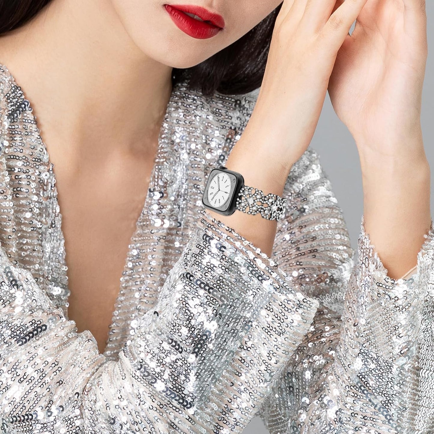 Bling Watch Band Compatible with Apple Watch 38mm 40mm 41mm 42mm 44mm 45mm 46mm for iWatch SE Series 10 9 8 7 6 5 4 3 2 1 Ultra, Rhinestone Apple Watch Band Diamond Dressy Bracelet Women