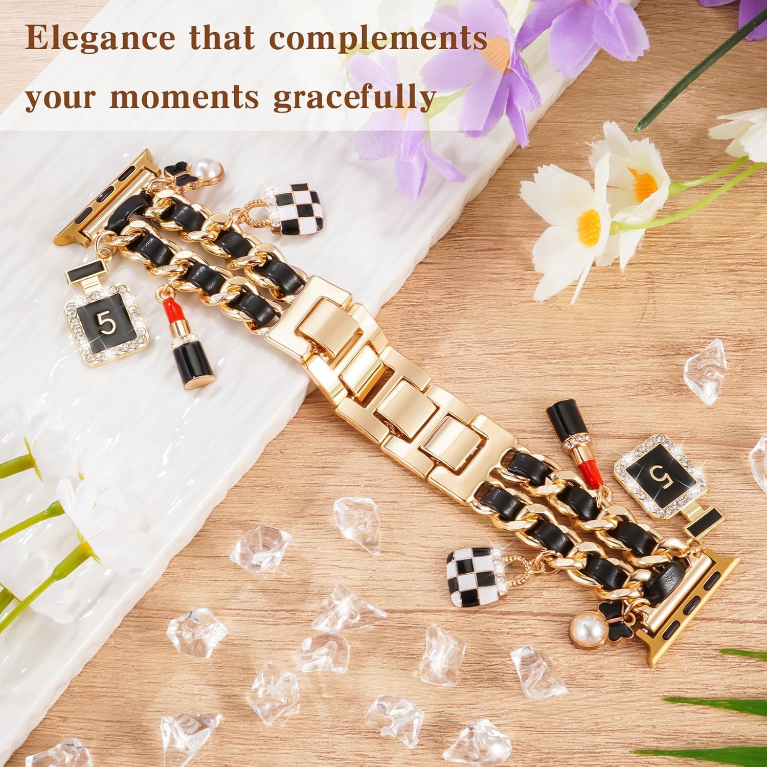 Gold Dressy Metal Charm Watch Band Compatible with Apple Watch Band 49mm 46mm 45mm 44mm 42mm 41mm 40mm 38mm Pendant Chain Bracelet Band for iWatch Band Ultra 2/Ultra Series 10 9 8 7 6 5 4 3 2 1 SE