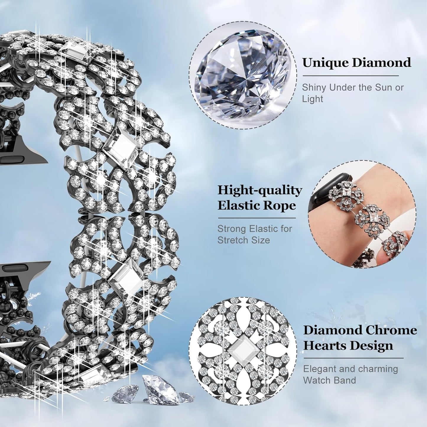 Bling Watch Band Compatible with Apple Watch 38mm 40mm 41mm 42mm 44mm 45mm 46mm for iWatch SE Series 10 9 8 7 6 5 4 3 2 1 Ultra, Rhinestone Apple Watch Band Diamond Dressy Bracelet Women