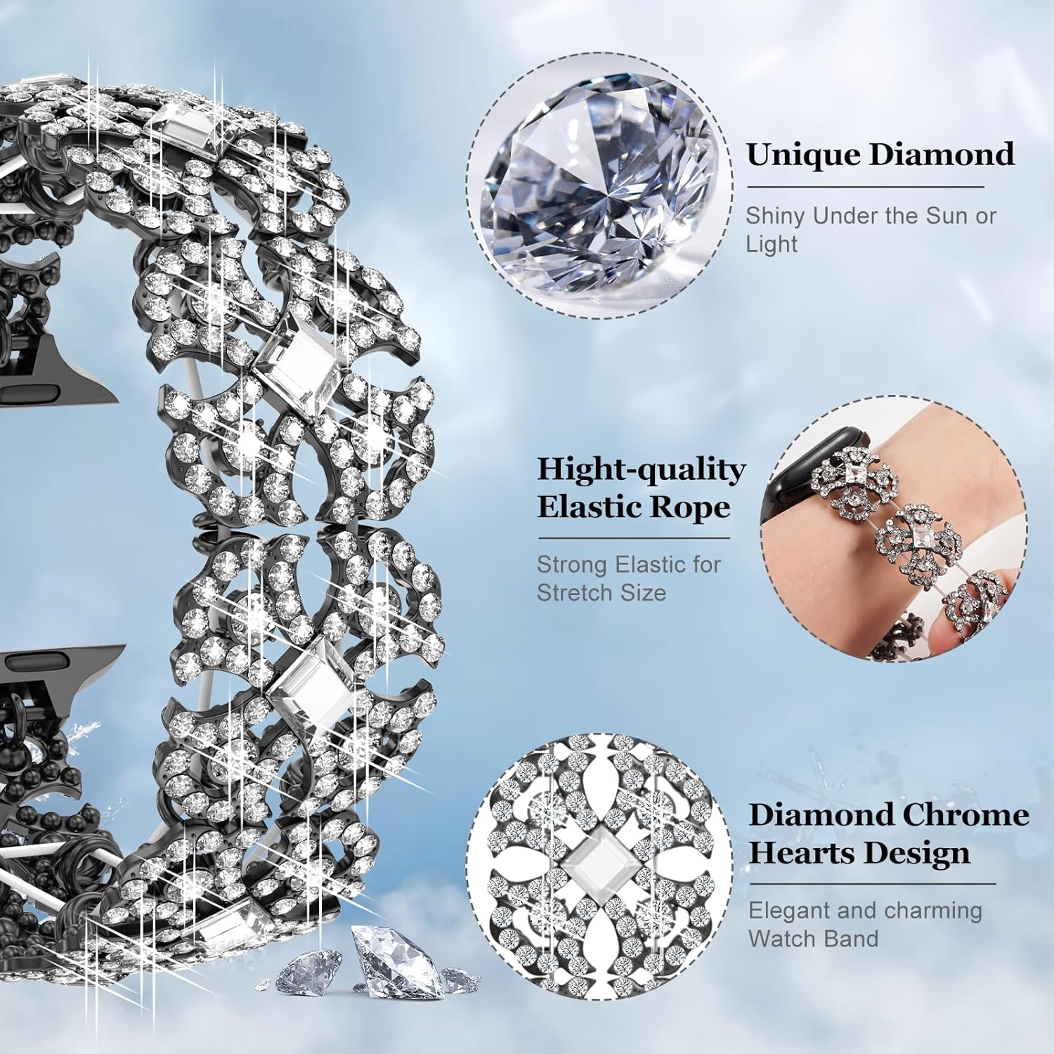 Bling Watch Band Compatible with Apple Watch 38mm 40mm 41mm 42mm 44mm 45mm 46mm for iWatch SE Series 10 9 8 7 6 5 4 3 2 1 Ultra, Rhinestone Apple Watch Band Diamond Dressy Bracelet Women