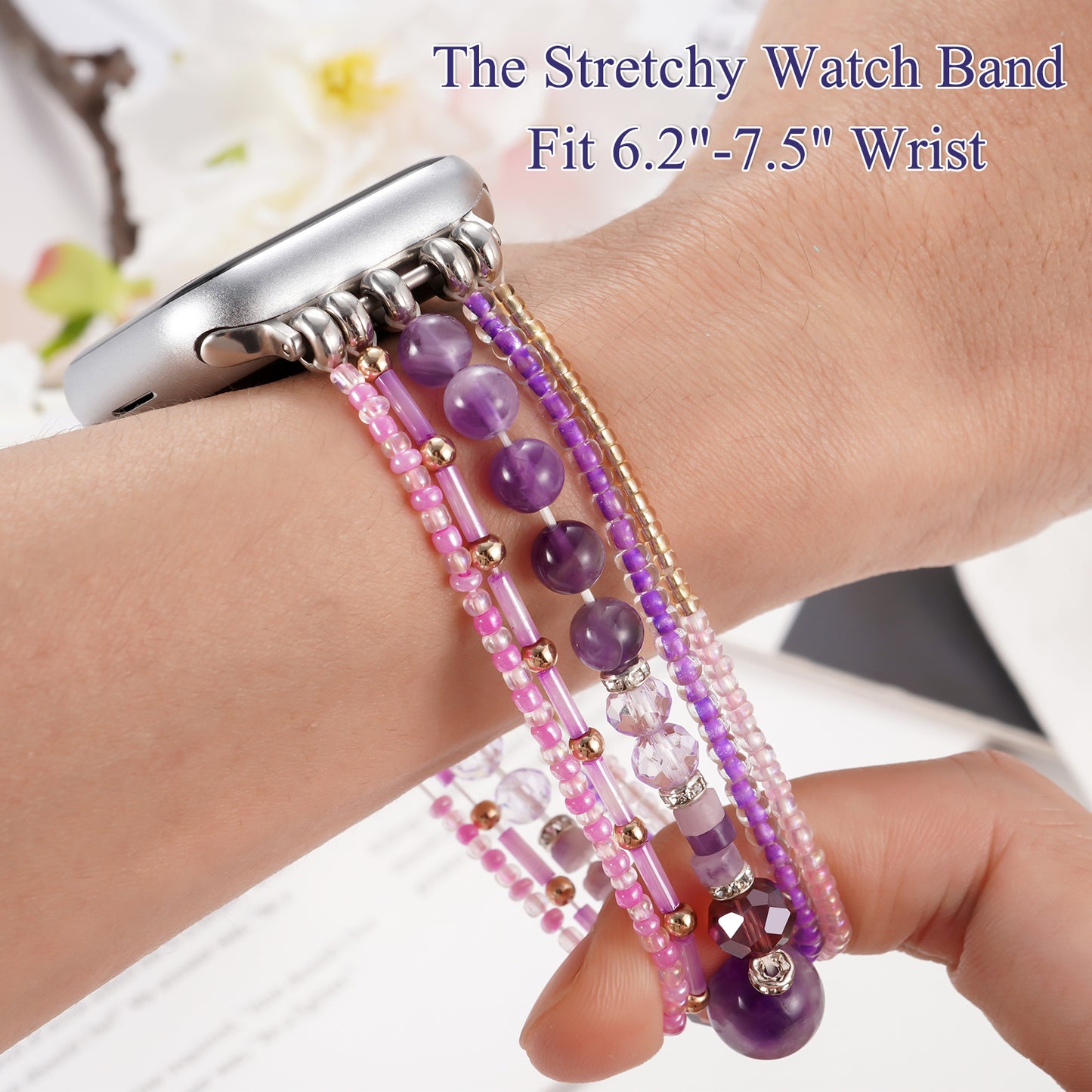 Beaded Stone Watch Band for Women Compatible with Apple Watch 38mm 40mm 41mm 42mm 44mm 45mm 46mm 49mm Dressy Cute Watch Strap for Apple Watch Ultra 2/Ultra Series 10/9/8/7/6/5/4/3/2/1 SE