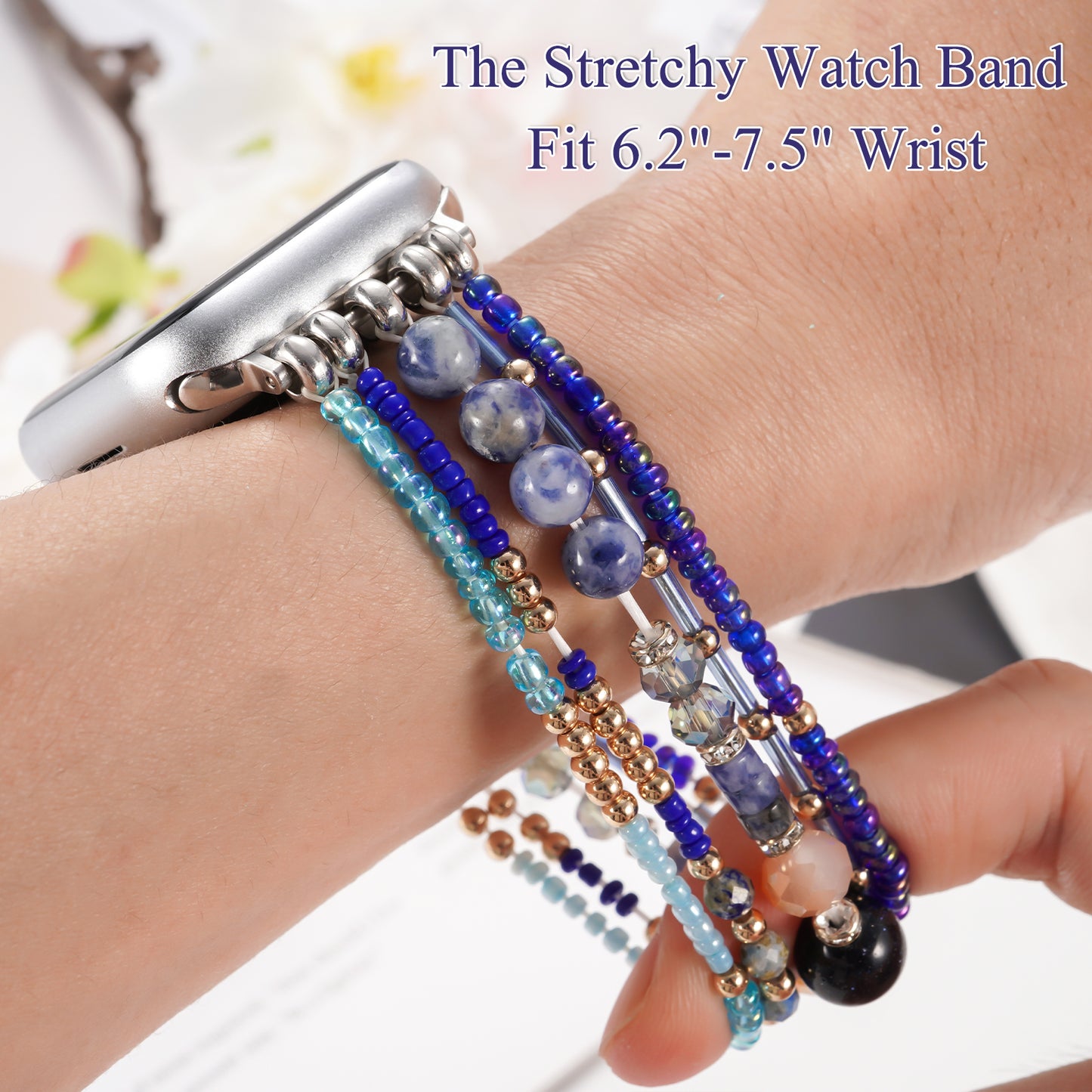 Beaded Stone Watch Band for Women Compatible with Apple Watch 38mm 40mm 41mm 42mm 44mm 45mm 46mm 49mm Dressy Cute Watch Strap for Apple Watch Ultra 2/Ultra Series 10/9/8/7/6/5/4/3/2/1 SE