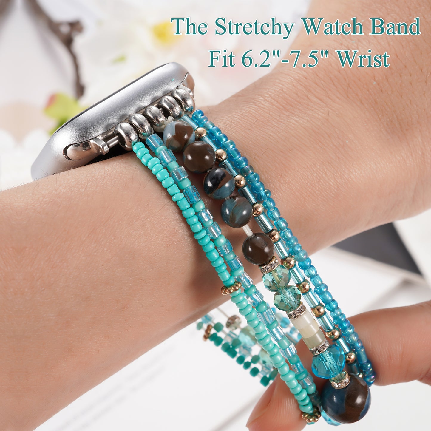 Beaded Stone Watch Band for Women Compatible with Apple Watch 38mm 40mm 41mm 42mm 44mm 45mm 46mm 49mm Dressy Cute Watch Strap for Apple Watch Ultra 2/Ultra Series 10/9/8/7/6/5/4/3/2/1 SE