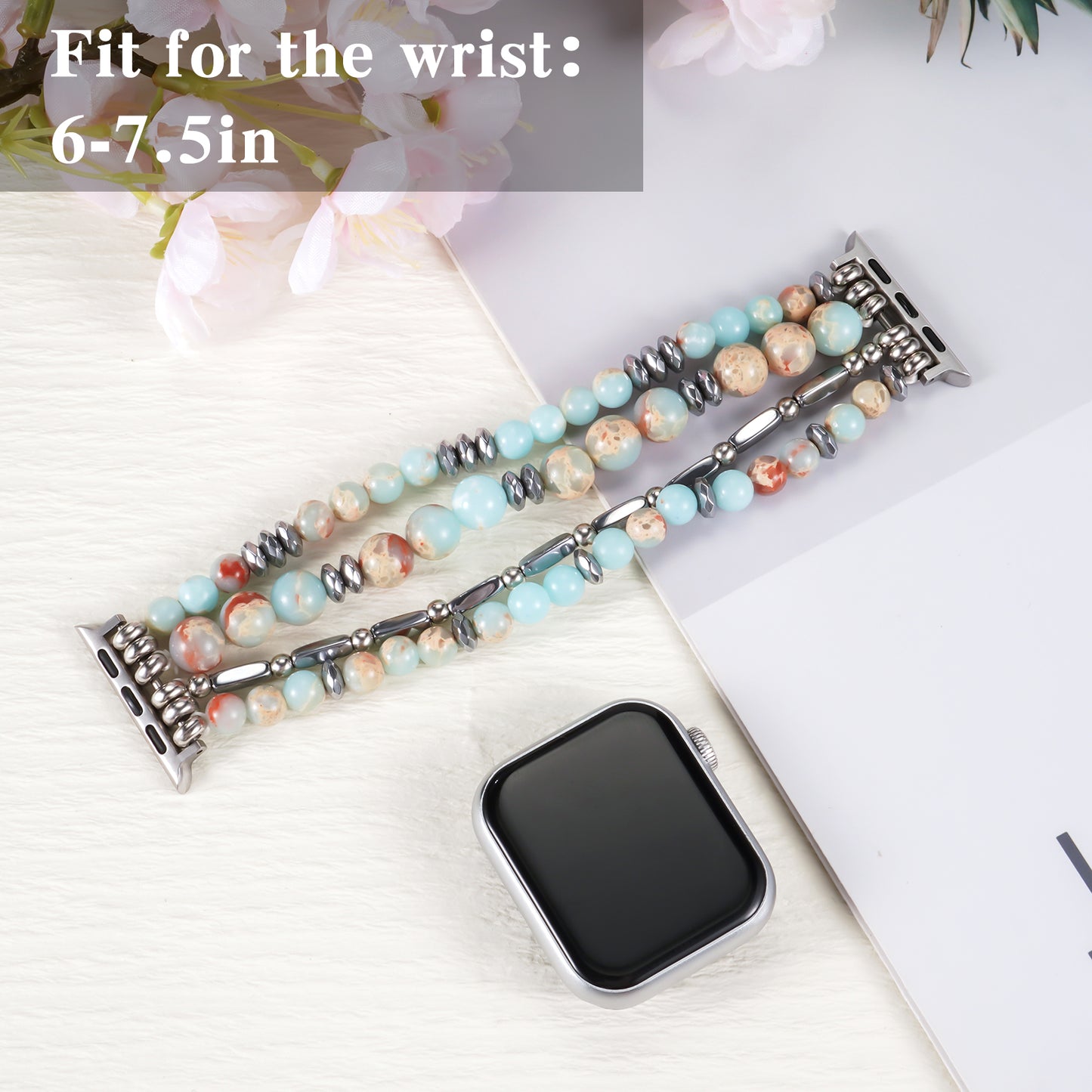 Skimemry Natural Stone Beaded Watch Band for Women Compatible with Apple Watch 38mm 40mm 41mm 42mm 44mm 45mm 46mm 49mm Dressy Cute Watch Strap for Apple Watch Ultra 2/Ultra Series 10/9/8/7/6/5/4/3/2/1 SE