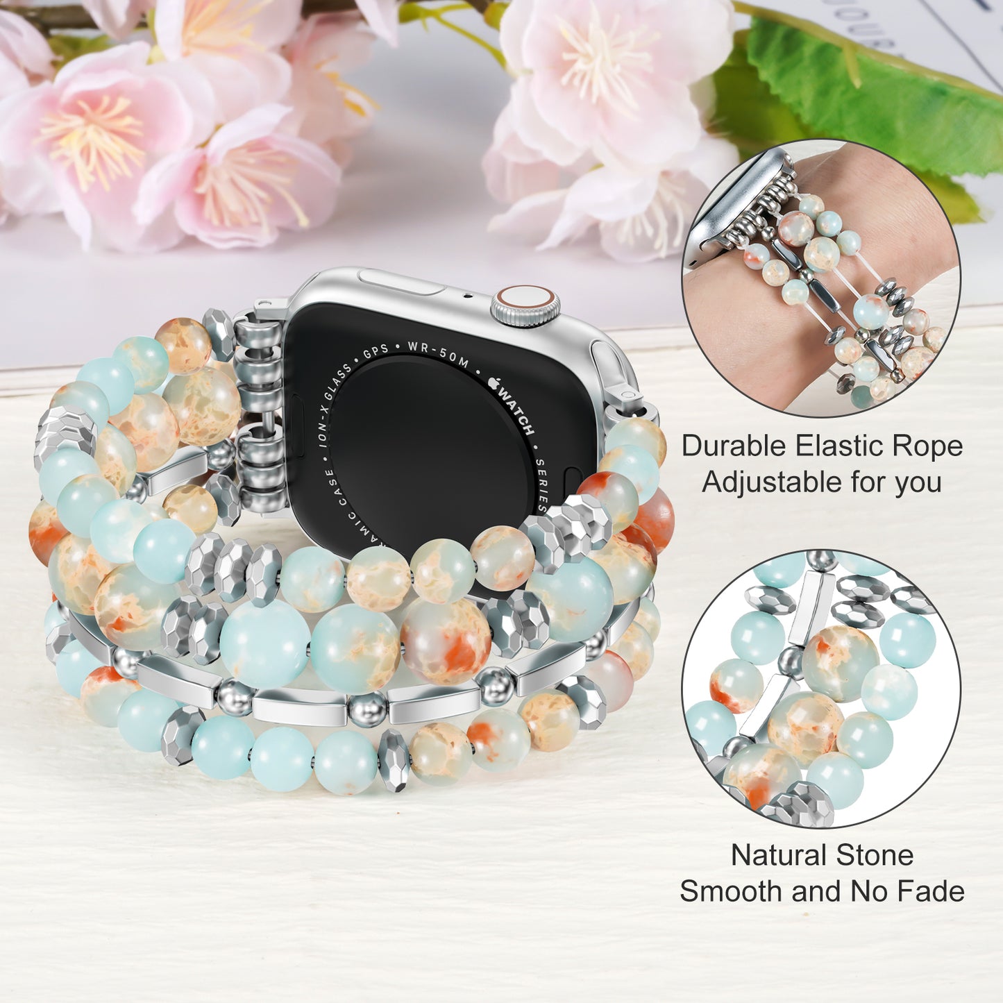 Skimemry Natural Stone Beaded Watch Band for Women Compatible with Apple Watch 38mm 40mm 41mm 42mm 44mm 45mm 46mm 49mm Dressy Cute Watch Strap for Apple Watch Ultra 2/Ultra Series 10/9/8/7/6/5/4/3/2/1 SE