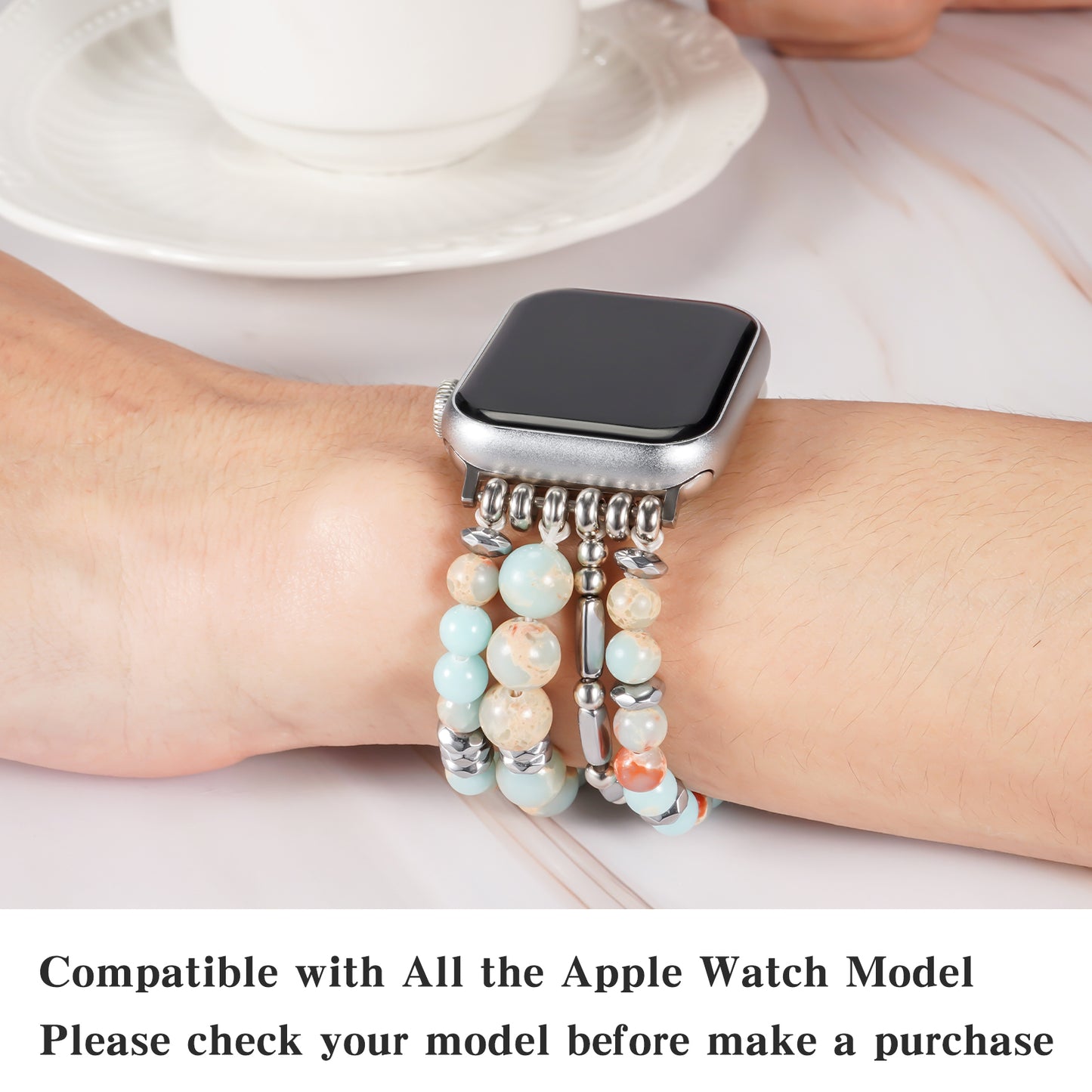 Skimemry Natural Stone Beaded Watch Band for Women Compatible with Apple Watch 38mm 40mm 41mm 42mm 44mm 45mm 46mm 49mm Dressy Cute Watch Strap for Apple Watch Ultra 2/Ultra Series 10/9/8/7/6/5/4/3/2/1 SE
