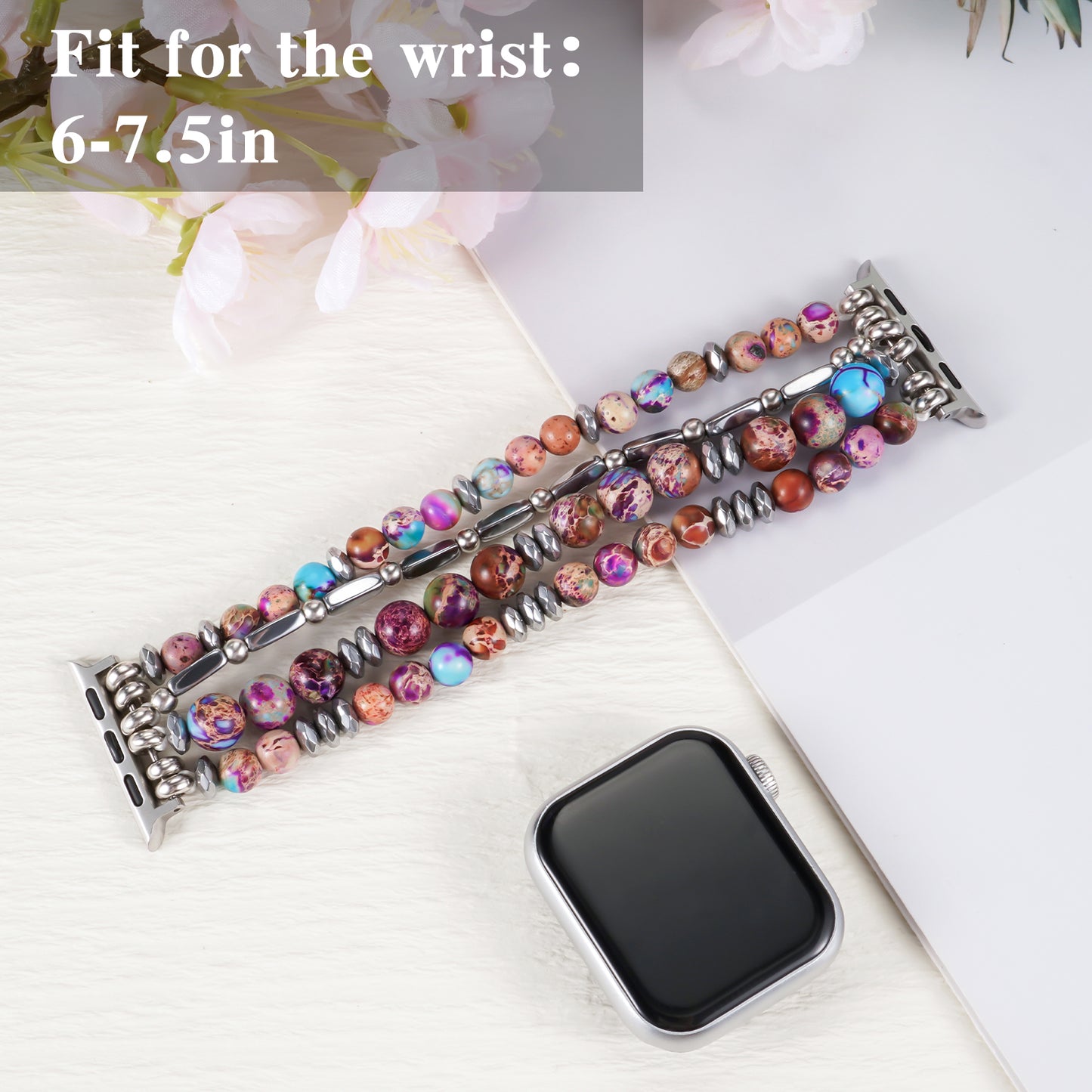 Skimemry Natural Stone Beaded Watch Band for Women Compatible with Apple Watch 38mm 40mm 41mm 42mm 44mm 45mm 46mm 49mm Dressy Cute Watch Strap for Apple Watch Ultra 2/Ultra Series 10/9/8/7/6/5/4/3/2/1 SE
