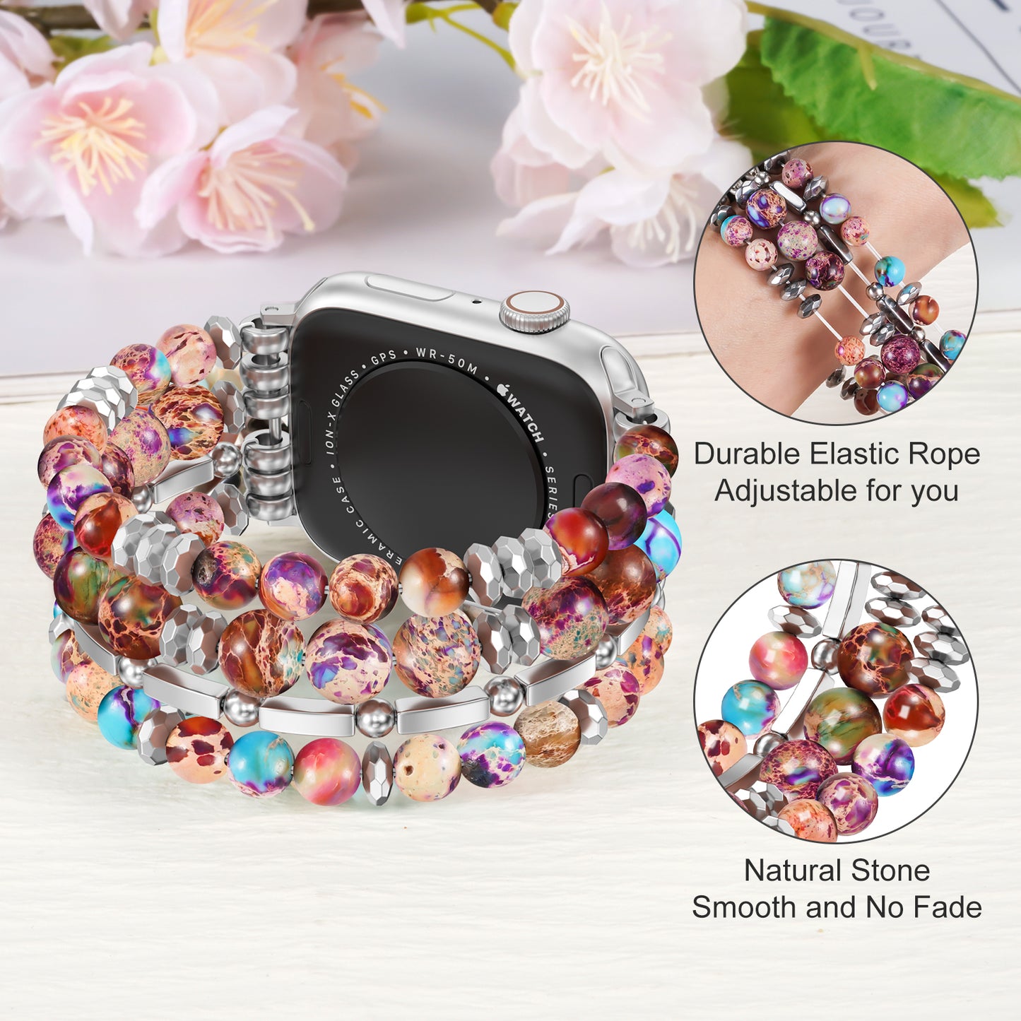 Skimemry Natural Stone Beaded Watch Band for Women Compatible with Apple Watch 38mm 40mm 41mm 42mm 44mm 45mm 46mm 49mm Dressy Cute Watch Strap for Apple Watch Ultra 2/Ultra Series 10/9/8/7/6/5/4/3/2/1 SE