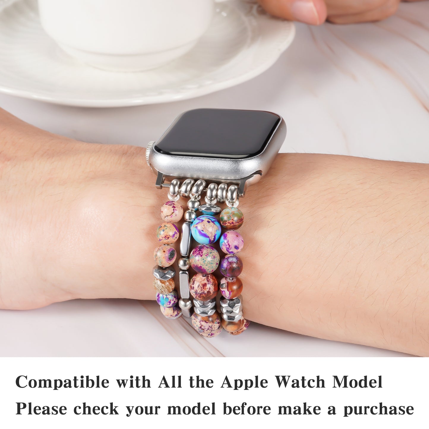 Skimemry Natural Stone Beaded Watch Band for Women Compatible with Apple Watch 38mm 40mm 41mm 42mm 44mm 45mm 46mm 49mm Dressy Cute Watch Strap for Apple Watch Ultra 2/Ultra Series 10/9/8/7/6/5/4/3/2/1 SE