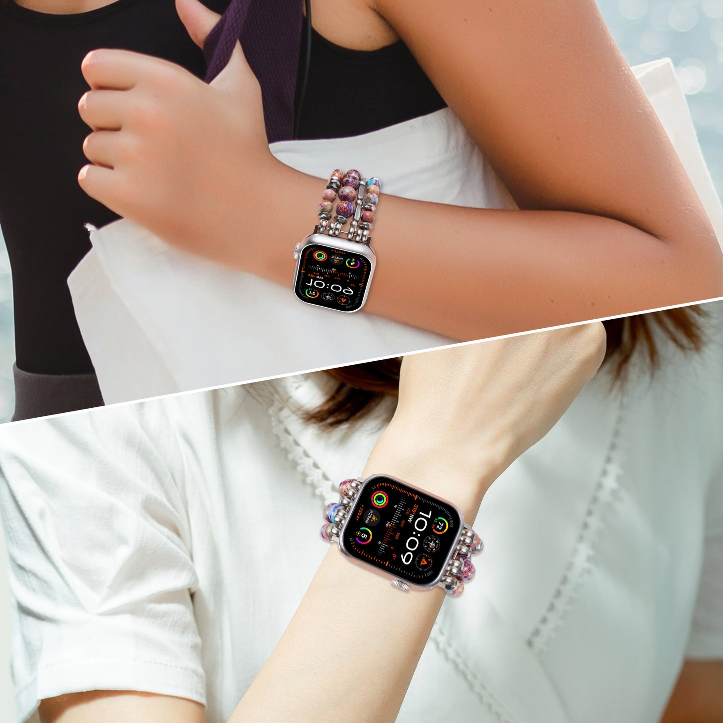 Skimemry Natural Stone Beaded Watch Band for Women Compatible with Apple Watch 38mm 40mm 41mm 42mm 44mm 45mm 46mm 49mm Dressy Cute Watch Strap for Apple Watch Ultra 2/Ultra Series 10/9/8/7/6/5/4/3/2/1 SE