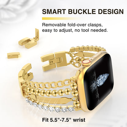 Skimemry Gold Stainless Steel Chain Apple Watch Band - Women’s Slim Gold Chain for iWatch Series 1–10/SE (38/40-42/44-46mm)